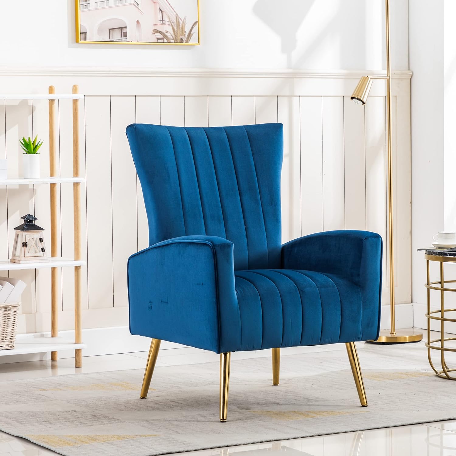 Modern Velvet Armchair Accent Chair with Golden Legs for Living Room, Blue