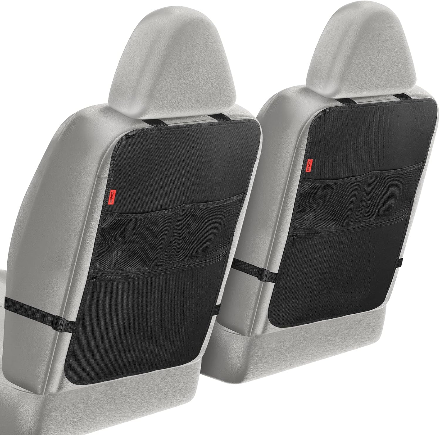INFIVITA Car Seat Back Protector - Car Organizer with 3 Large Pockets for Storing Kid&rsquo;s Things, Kick Mats for Road Trip with Kids, Back of Seat Protector for Kids Feet Car Seat, Black, 2 Pack