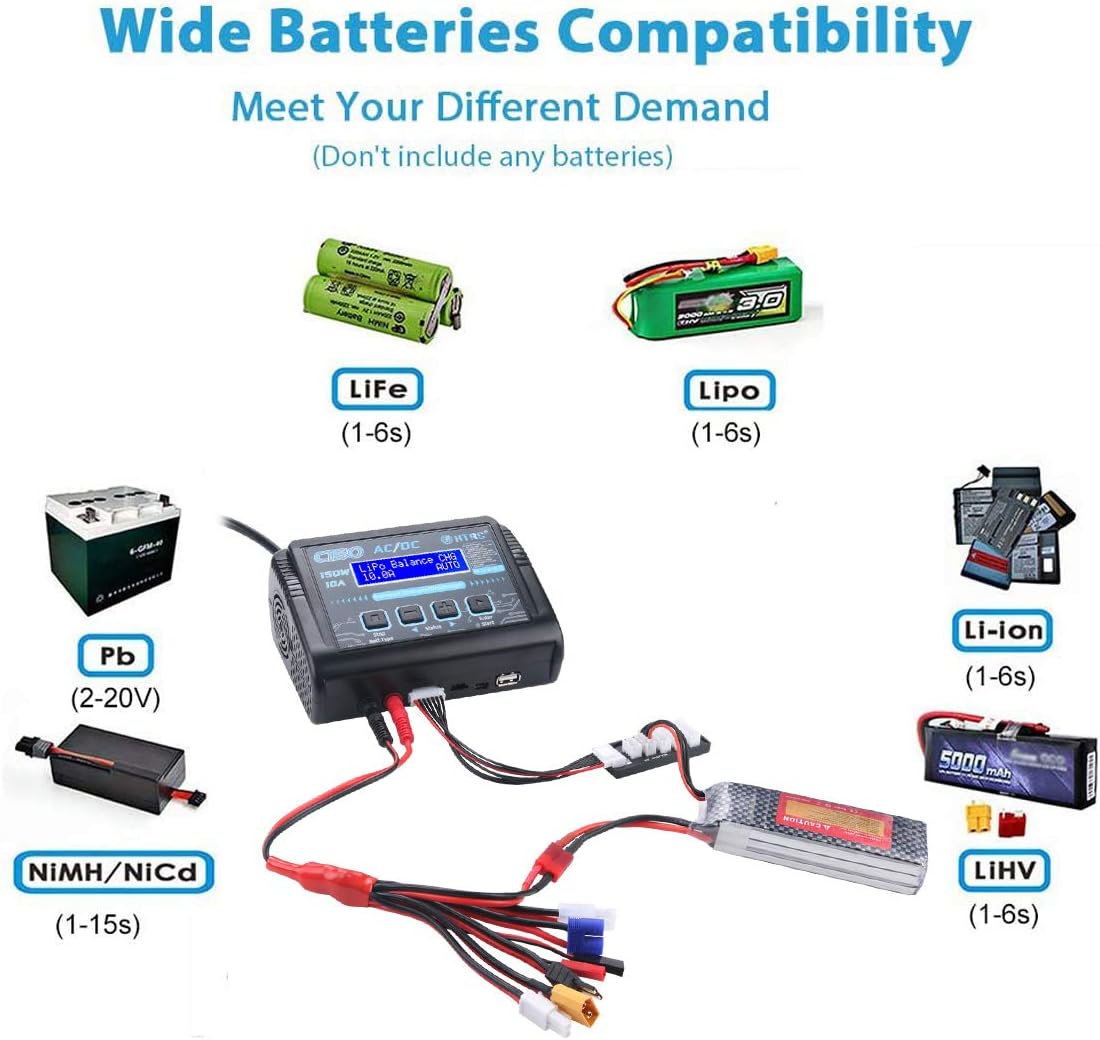 HTRC LiPo Charger RC Battery Balance Discharger 150W 10A 1-6S AC/DC C150 Fast Charger for NiCd Li-ion Life NiMH LiHV PB Smart Battery