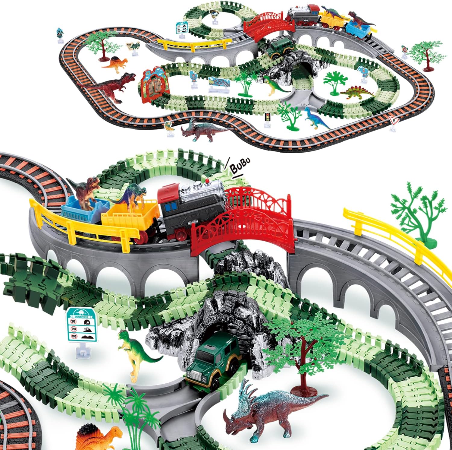 2022 Dinosaur Toys and Electric Train Sets, 259 Pcs Dinosaur World Road Race Toy with 8 Dino, 1 Train, 1 Race Car, Lights& Sound, Cargo Cars& Tracks, Gift for Kids Ages 3 4 5 6 7+ Year Old Boys Girls