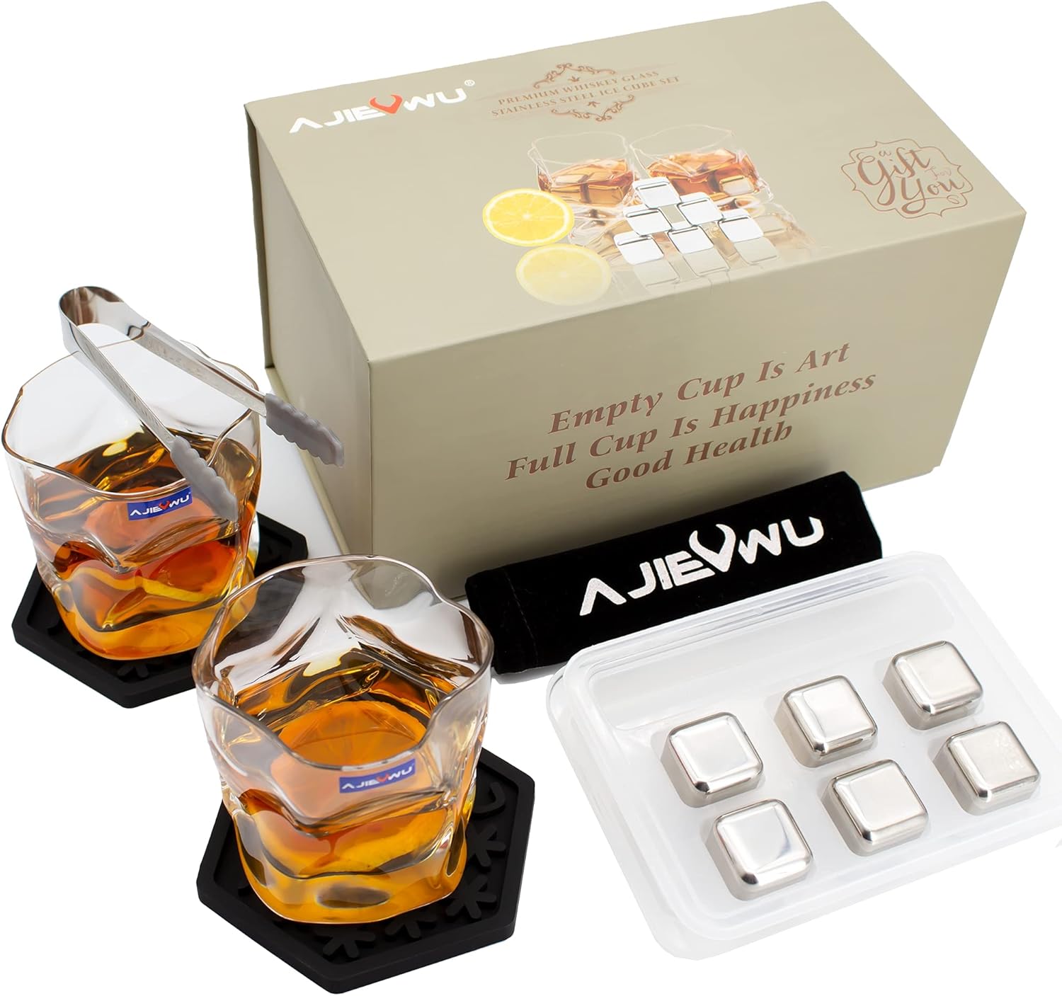 Whiskey Stones Gift Set - Whiskey Rocks Ice Cubes Whiskey Chilling Stones for Men 2 Whiskey Glasses, 6 Reusable Stainless Steel Ice Cubes Present for Men Boyfriend Anniversary Retirement (Gold) Pack of 2