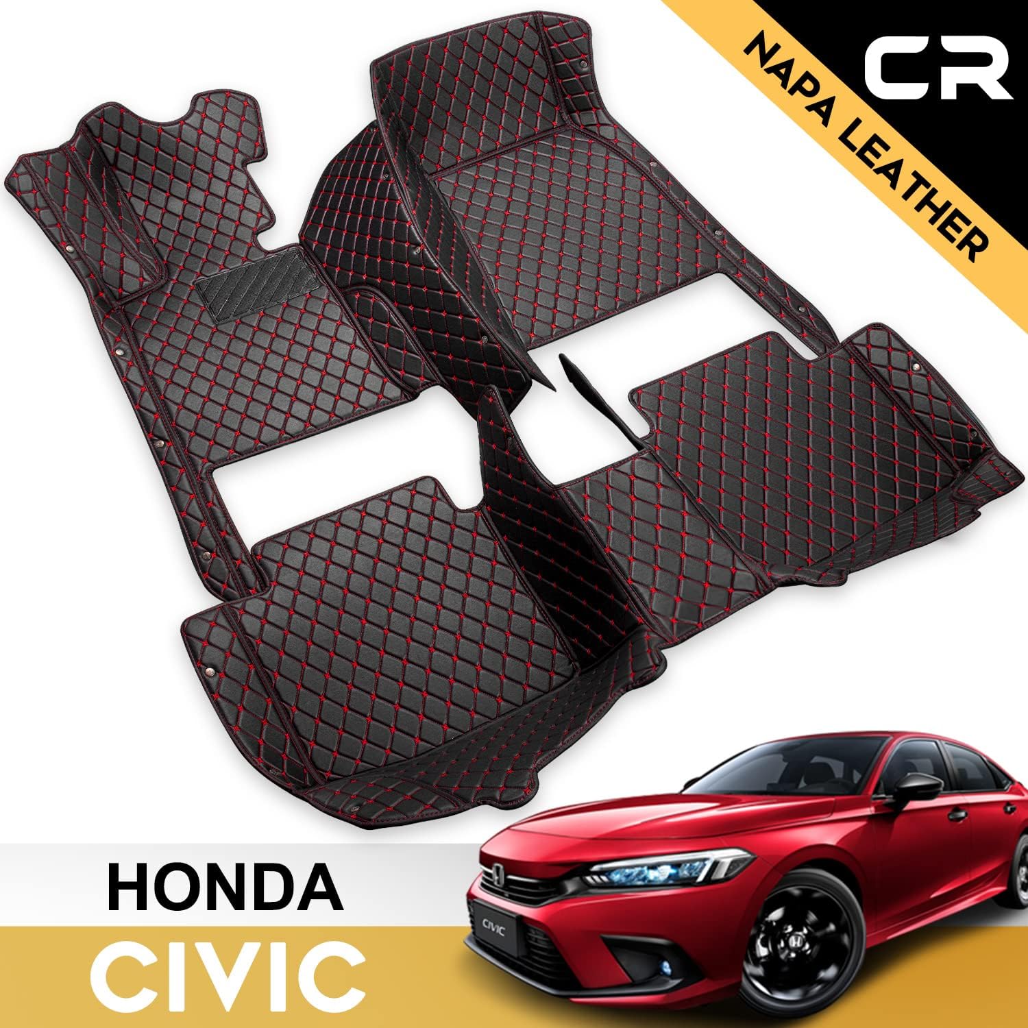 Castlerock Leather Car Floor Mats for Honda Civic Sedan,Coupe,Hatchback,Sport 2017 2018 2019 2020 2021 2022 Custom Fit(1st & 2nd Row Black)