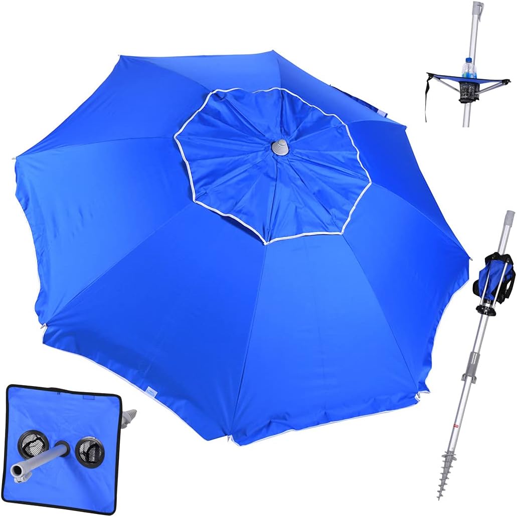 7 ft Fiberglass Beach Umbrella for Sand with Integrated Anchor, Integrated Folding Table, Telescopic Aluminum Pole, UPF 50+, Tilt