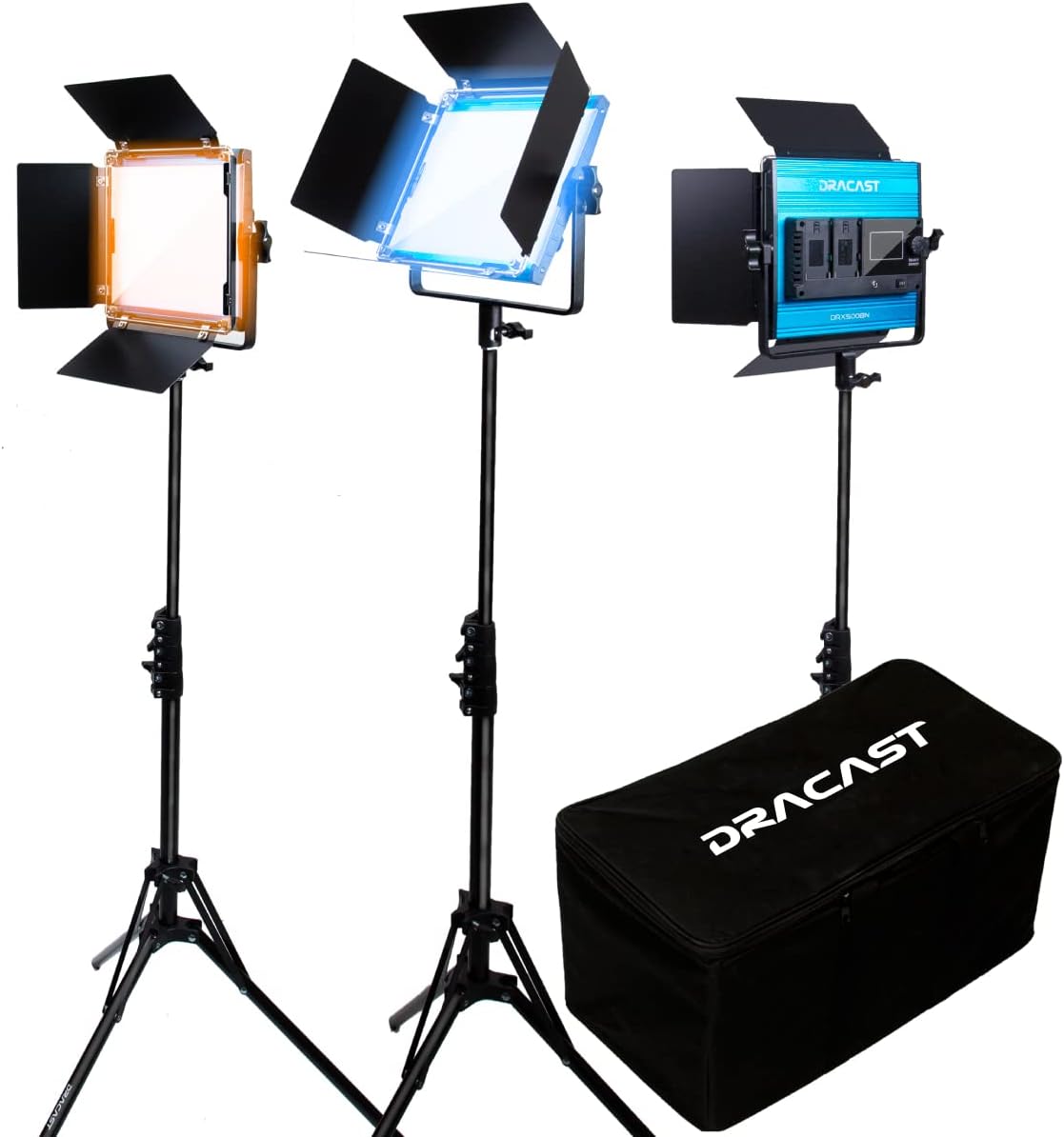 Dracast X Series LED500 Kit - 3 Pack Includes Panel Lights, Stands, Barndoors, Travel Case | Bluetooth App Control | Bicolor LED Video Light Kit 3200K - 5600K | Dimmable Lighting 0-100% | CRI TLCI 96+