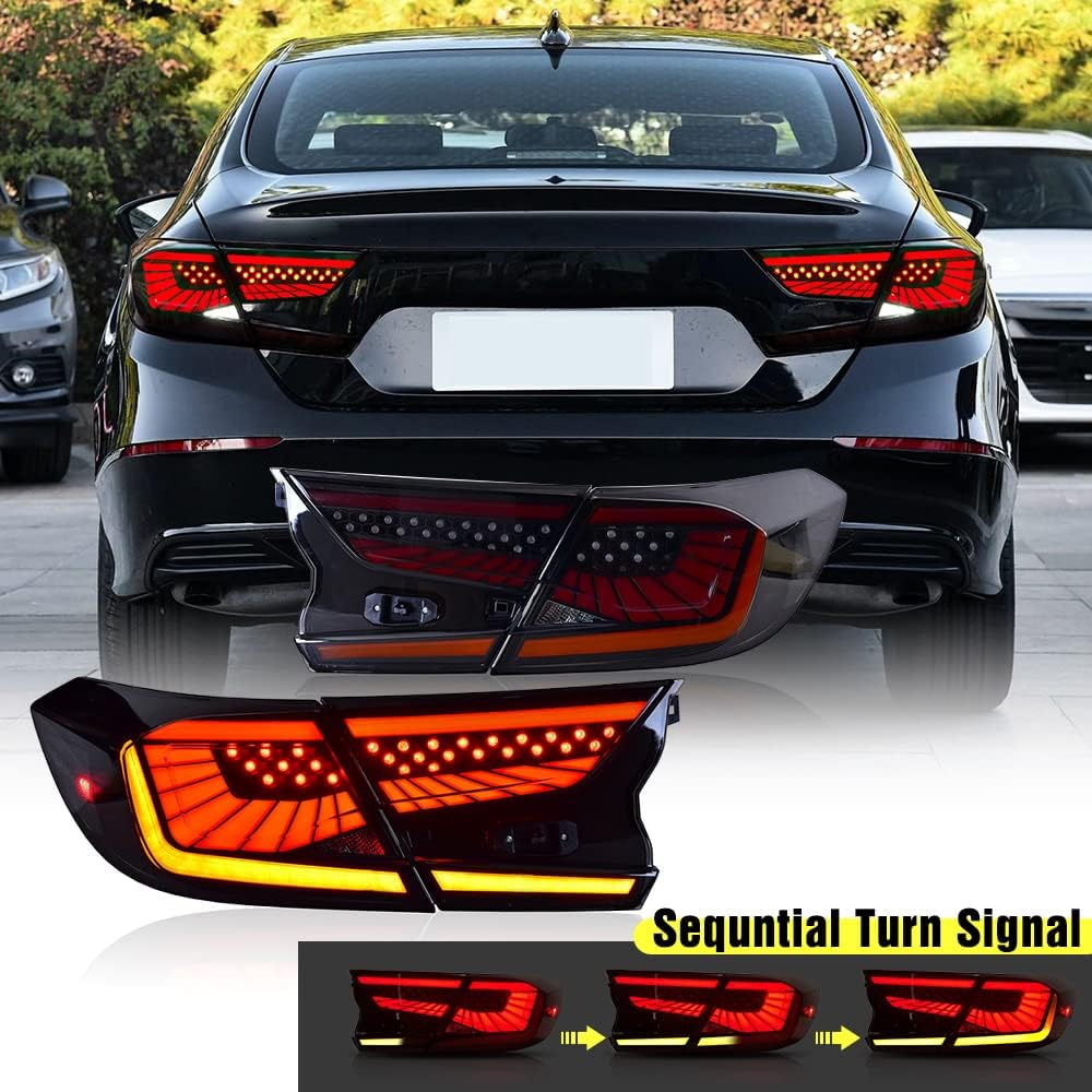 YHY for Honda Accord 10th Gen 2018 2019 2020 2021 Tail lights Assembly With Sequential Turning Signal/Dynaic Animation w/Breath Running Light，Red/ Tinted, Driver & Passenger Sides