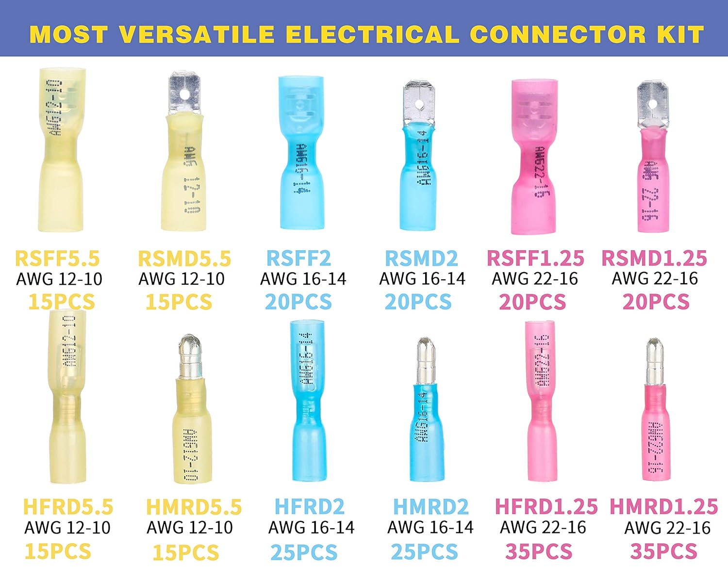 haisstronica 260PCS Heat Shrink Spade Connectors&Heat Shrink Bullet Connectors Kit-AWG 22-12 Quick Disconnect Wire Connectors-Female and Male Spade Bullet Terminlas(3Colors) Pack of 2
