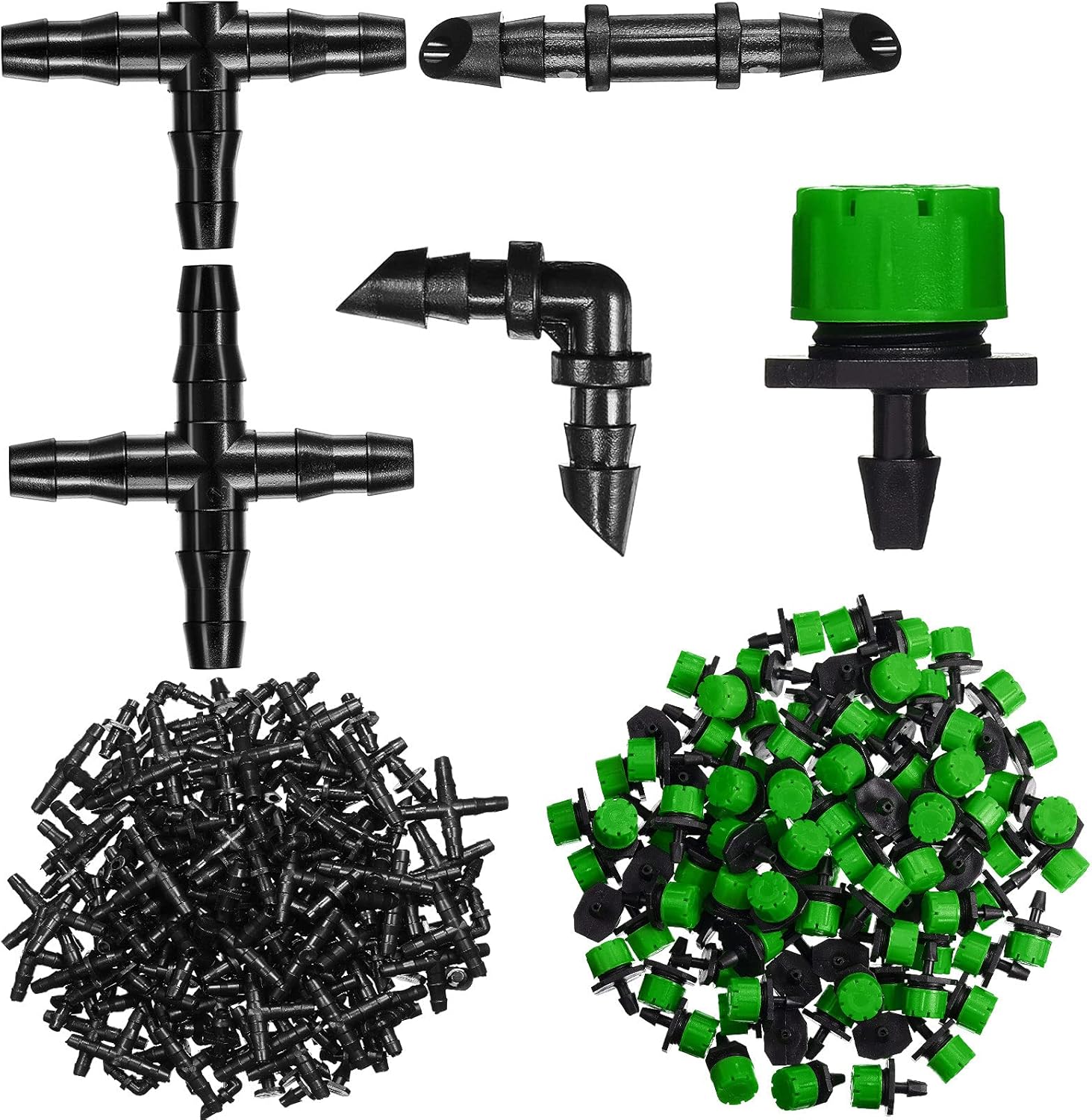 200 Irrigation Fitting Kit Drip Irrigation Connector Include 50 Single Barbed Connector 20 Tee 20 Elbow 10 4-Way Coupling and 100 Adjustable Irrigation Dripper for 1/4 Inch Tubing (Black and Red) Pack of 2