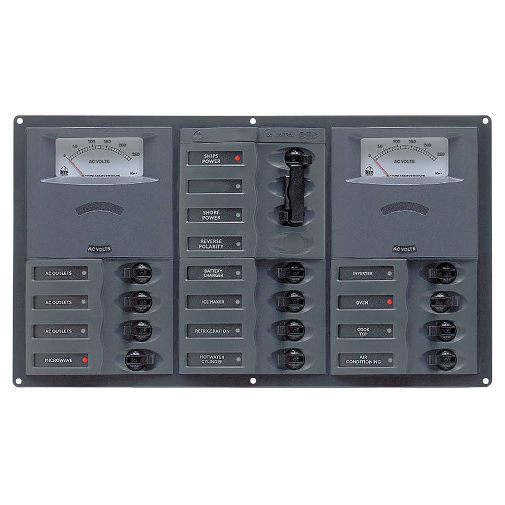 BEP AC Circuit Breaker Panel w-Analog Meters, 12sp 2DP AC230V Stainless Steel Horizonal [900-AC3-AM]