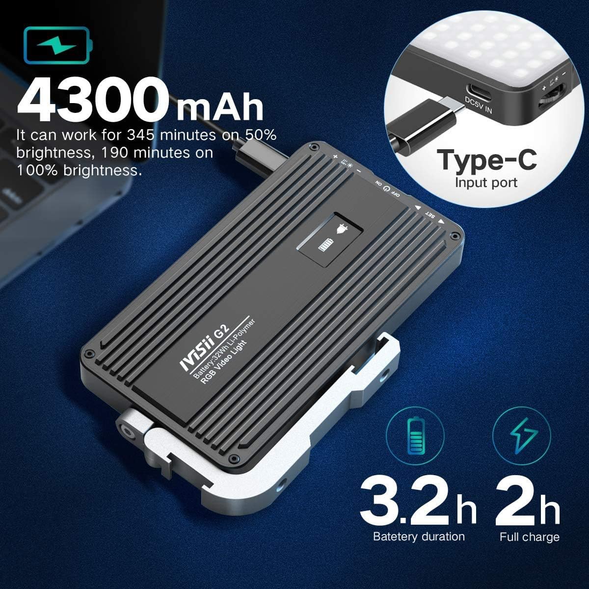 IVISII G2 RGB Portable On Camera Light, Built-in 4300mAh Lithium Battery Video Conference Lighting, 2600-10000K 12W Full Color LED Light Panel for Photography, Studio, Wedding Shooting Pack of 2