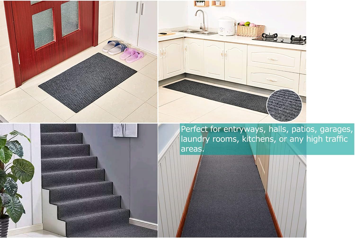 ITINA Door Mat About W3' &times;L10' Large Outdoor Indoor Mat Waterproof Rubber Back Rugs for Home Office Business Areas Grey-Black