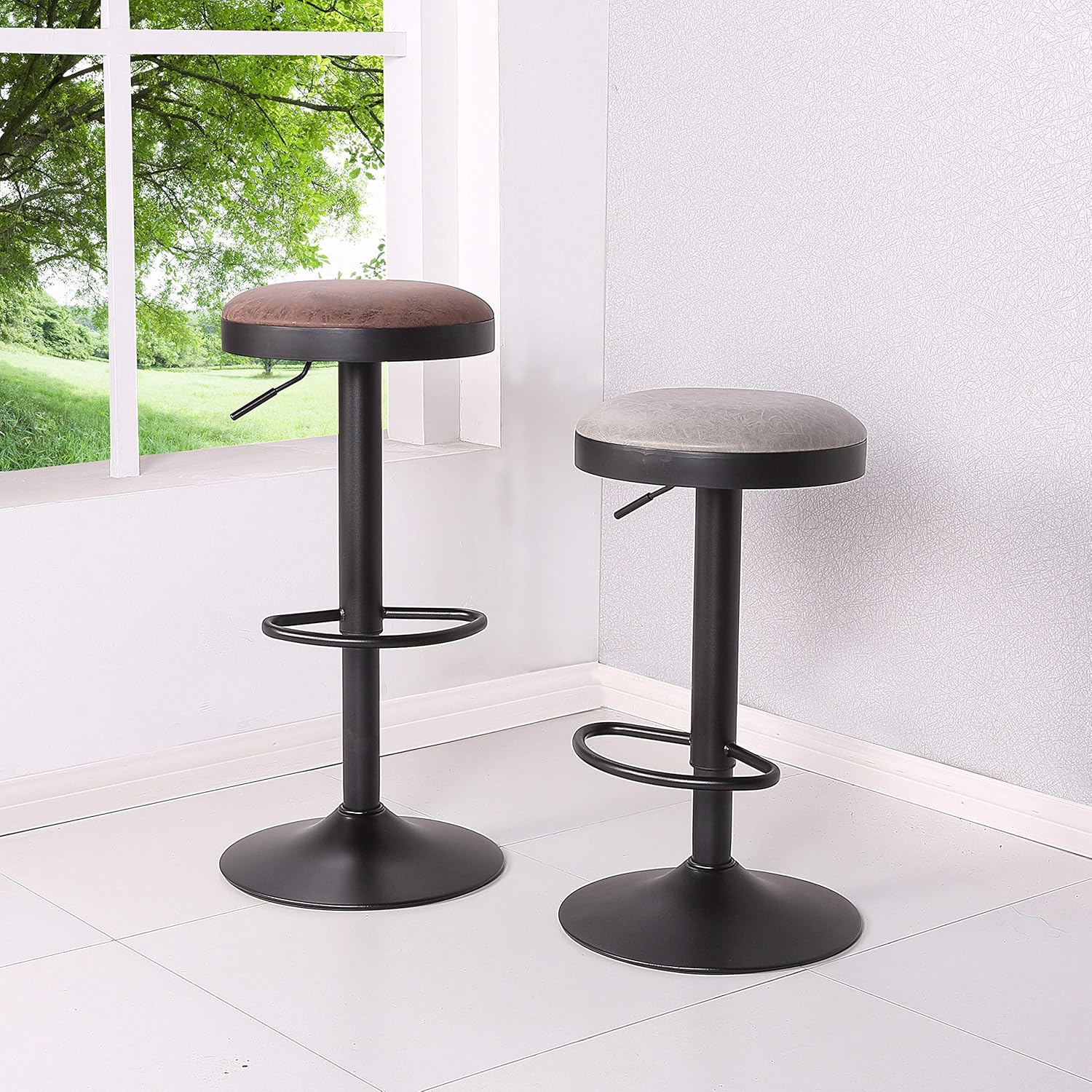New Pacific Direct Juno PU Leather Gaslift Backless Swivel Bar, Set of 2 Bar & Counter Stools, Vintage Mist Gray