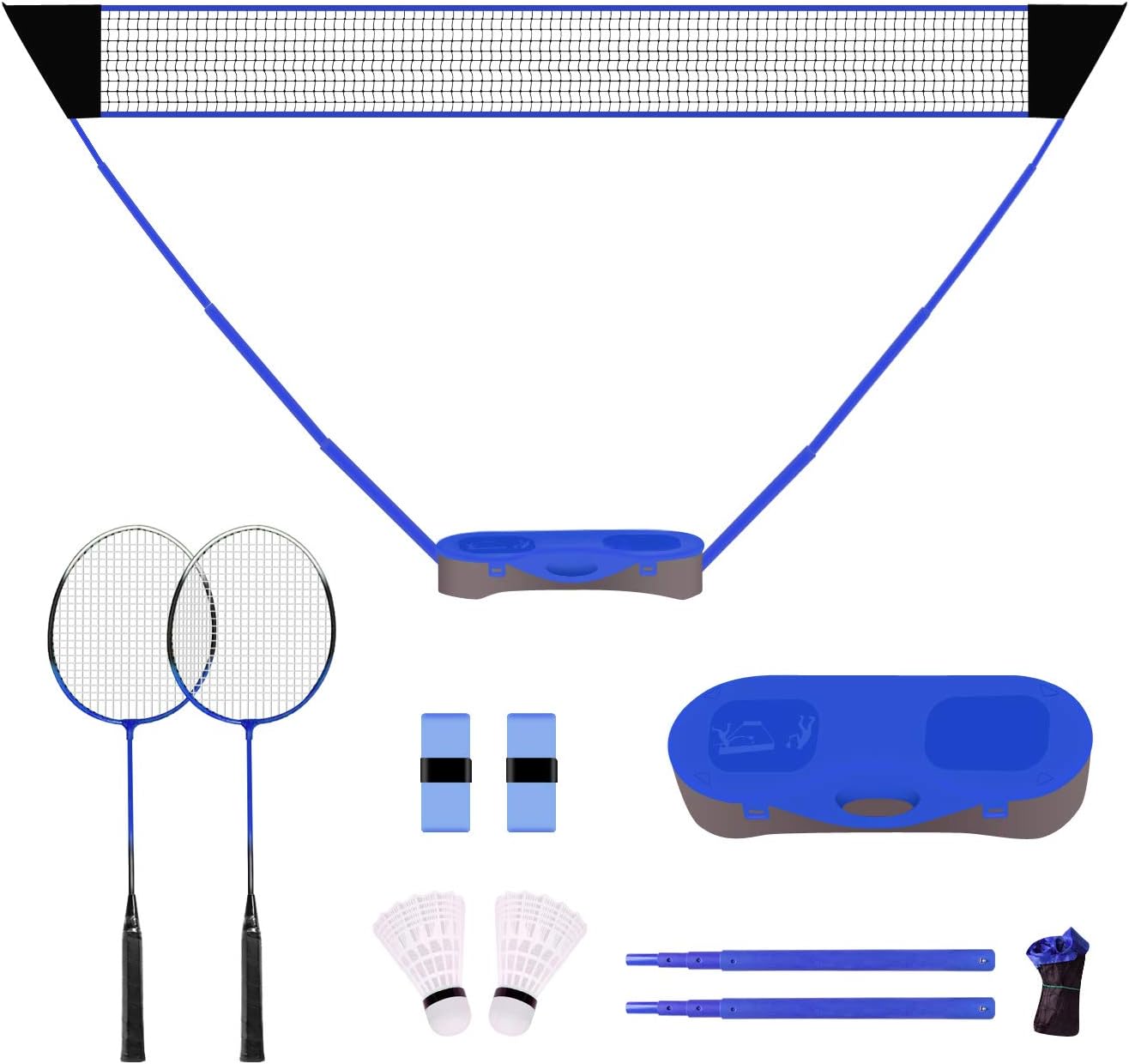 FBSPORT Portable Badminton Net Set with Storage Base, Folding Volleyball Badminton Net with 2 Badminton Rackets 2 Shuttlecocks Griptape 10x5 ft Net, Easy Setup for Beach Backyard Combo Set