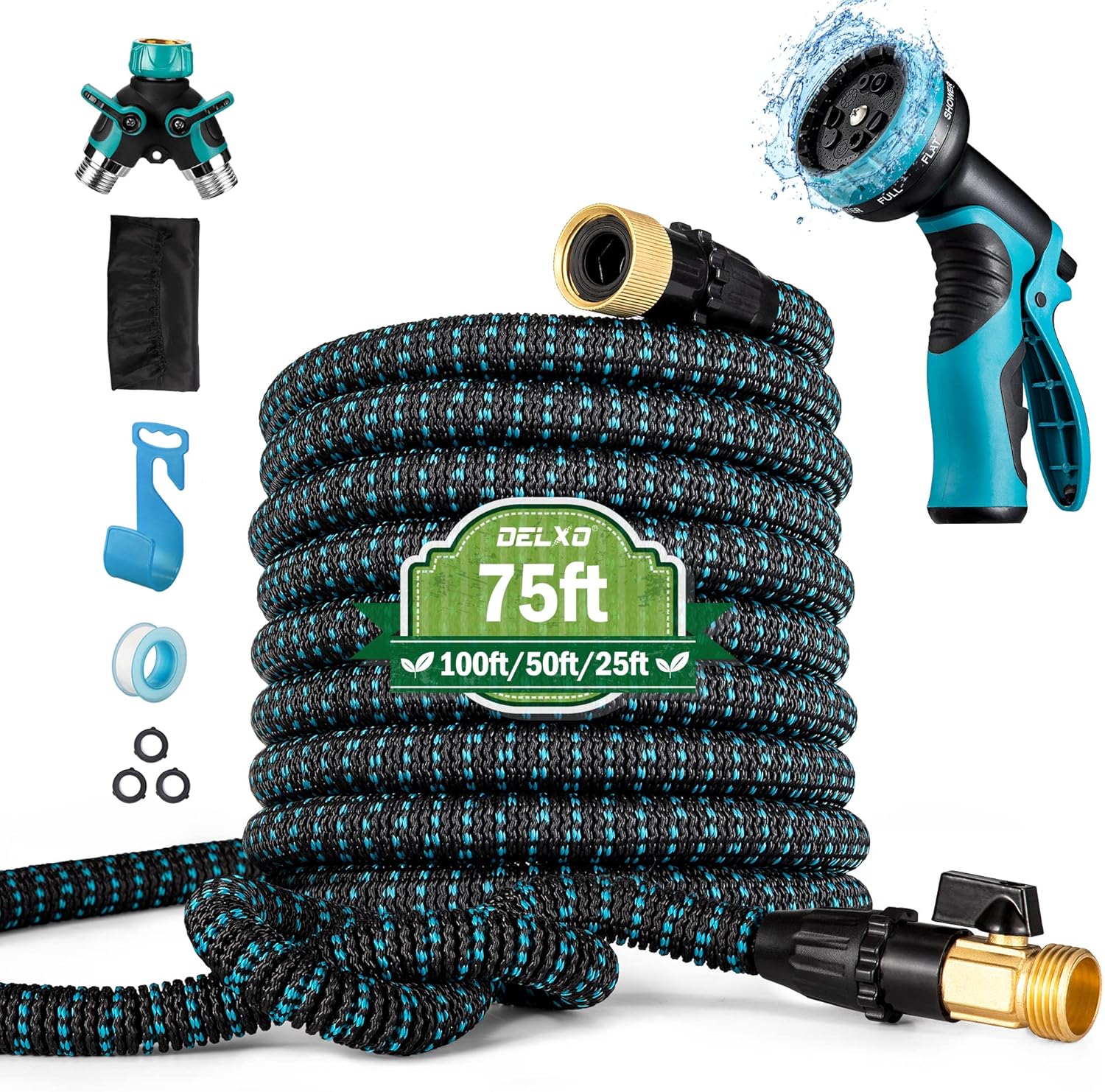 Delxo 100Ft Expandable Garden Hose Kit Include 7,Flexible Water Hose with 9-Function High-Pressure Metal Spray Nozzle, Leakproof Design 3/4 Solid Brass Fittings Lightweight But Heavy Duty Hose Green Pack of 2