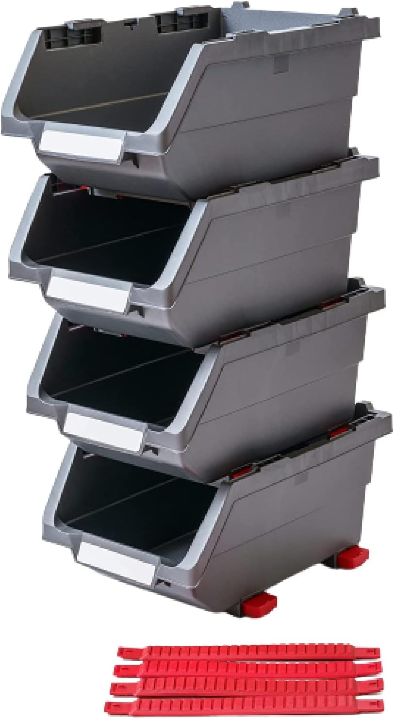 12 Inch Plastic Storage Bin Hanging Stacking Containers, Garage Storage Bins Stackable, (6.3in H x 12.4in W x 8.6in D) Heavy Duty for Tools Hospital, School, Office, Toys, Hardware - Grey 4 Pack Pack of 2
