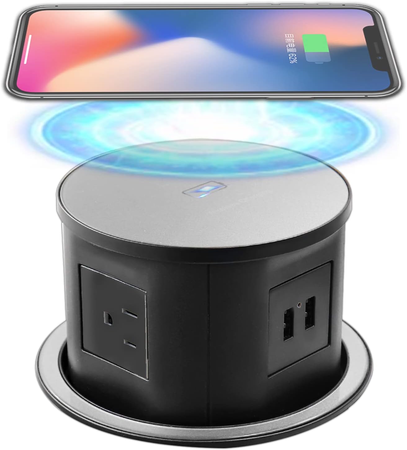 Pop up Outlet, Kitchen countertop Desktop Socket, Embedded Lift Power Supply, 15W Wireless Fast Charger+2 USB-A+4 US Outlets Plugs, 4.7'' Diameter Round Pop Up Integrated Power Supply, Black