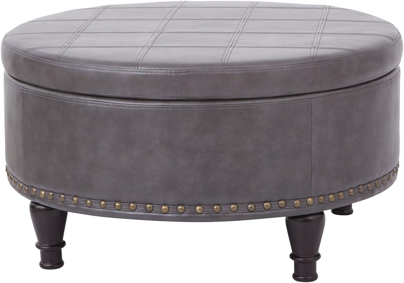 OSP Home Furnishings Augusta Round Storage Ottoman with Decorative Nailheads and Flip Over Lid with Serving Tray Surface, Pewter Grey Faux Leather