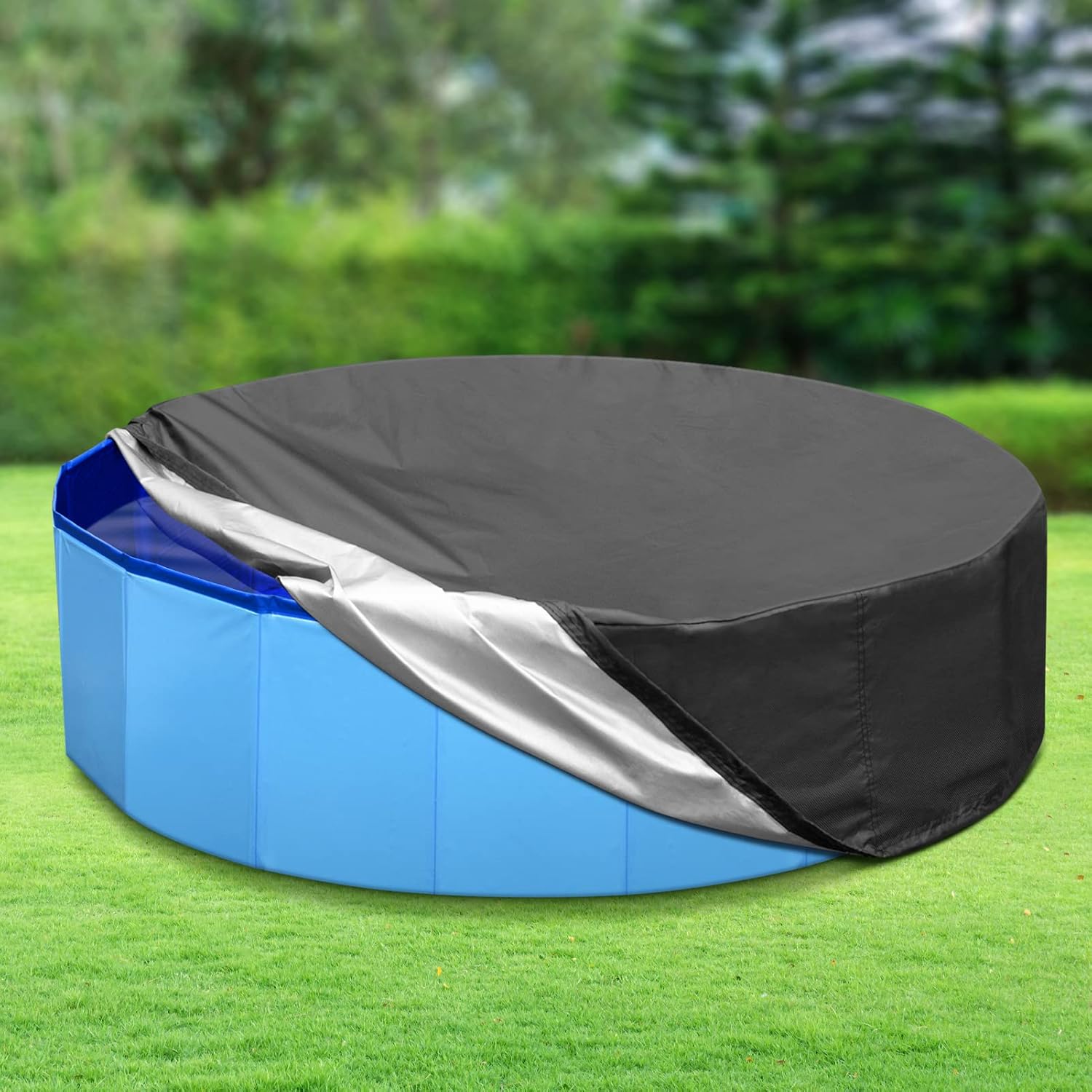 Tufmunb 63inch Foldable Dog Pet Bath Pool Cover, Portable Round Collapsible Pool Cover with Oxford Cloth Material and Drawstring Design for Dog Pet Pool, Waterproof and Dustproof (Black)
