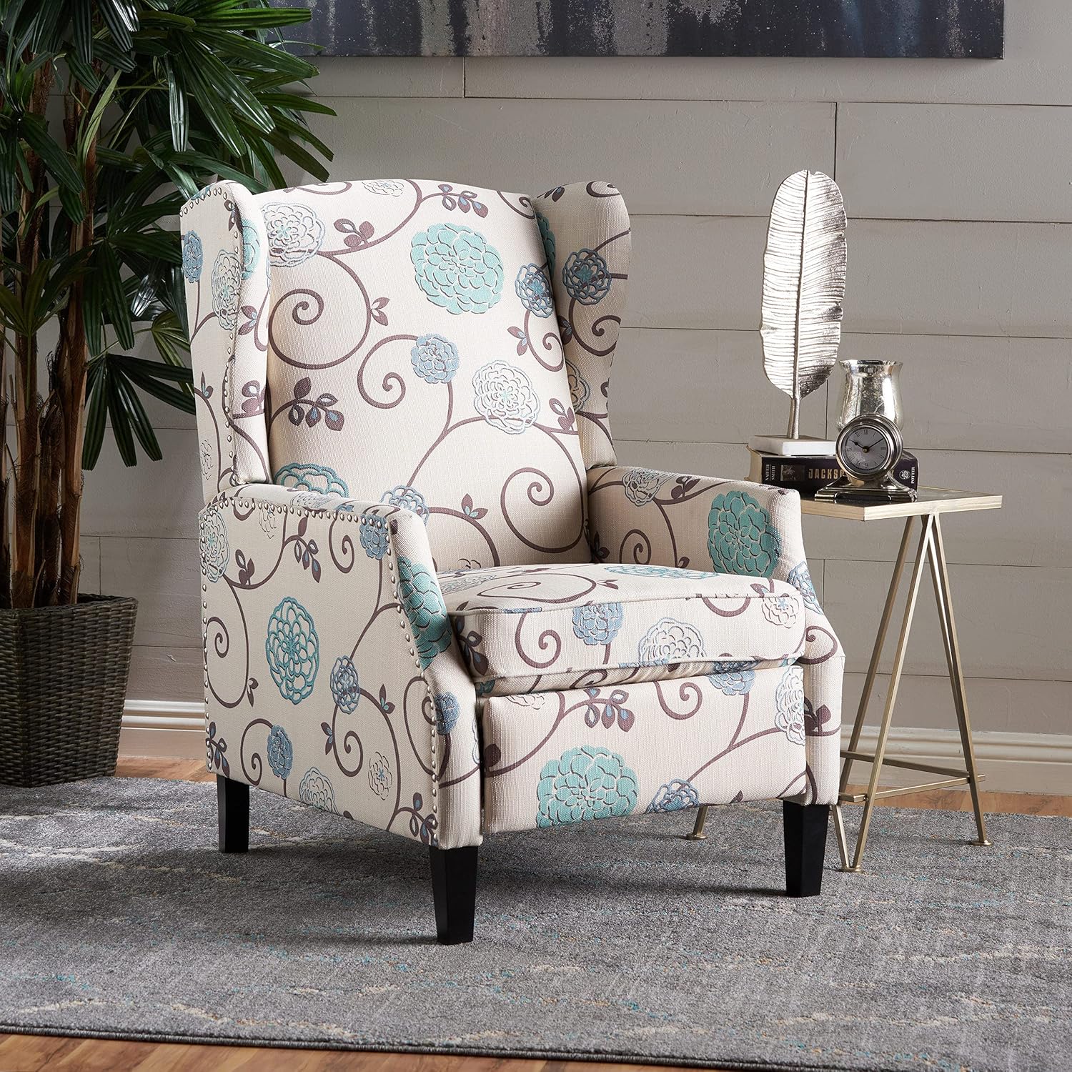 Westeros Traditional Wingback Fabric Recliner Chair (White & Blue Floral)