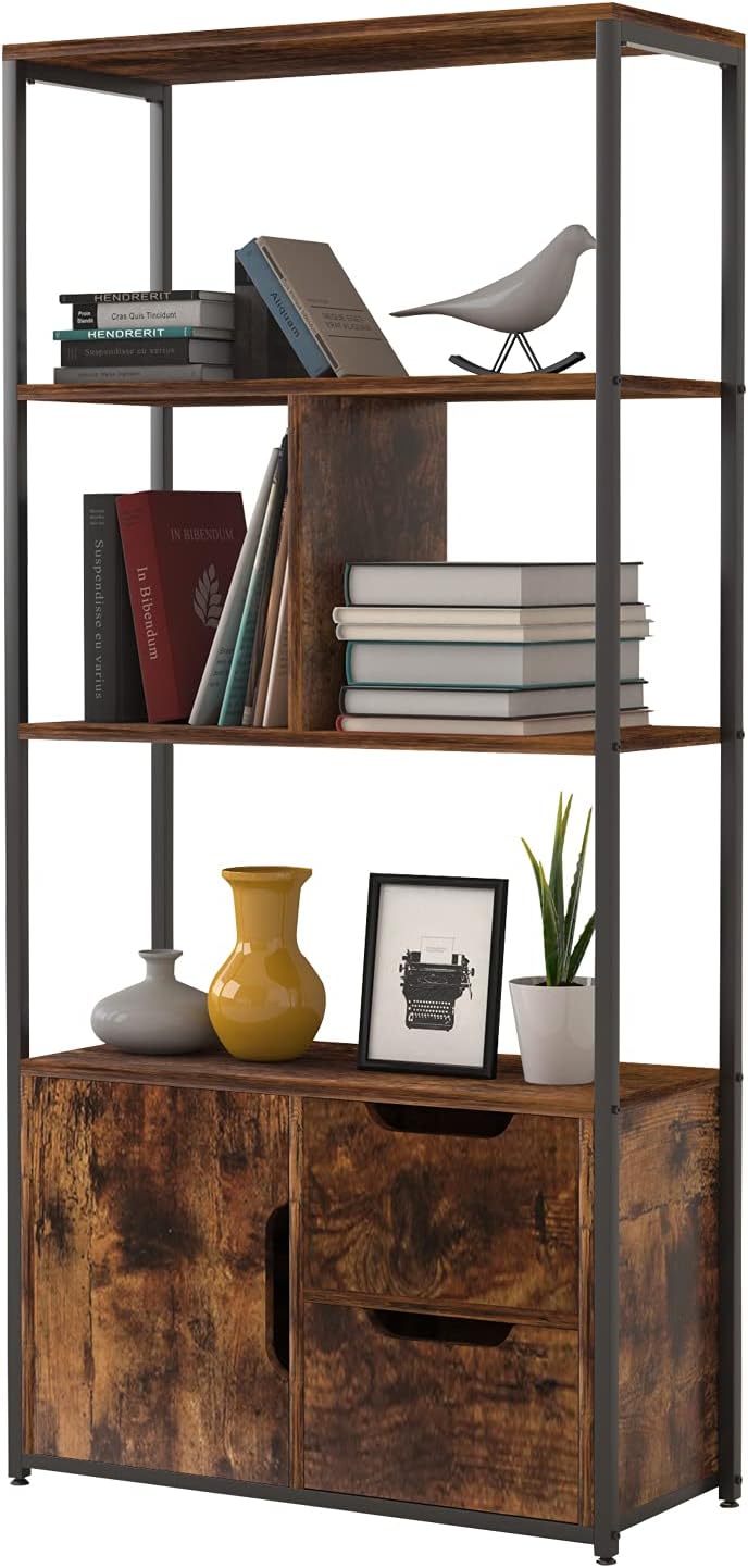 SUAYLLA Industrial Bookshelf Bookcase with Open Back, 5 Tier Free Standing Storage Organizer Display Book Shelf for Living Room, Bedroom, Kitchen with 2 Drawers and Cabinet, Rustic Brown