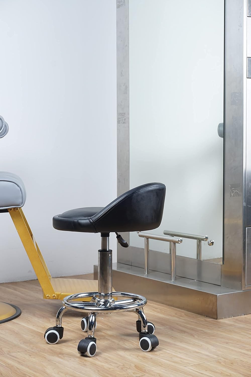 Salon Rolling Stool Chair with Wheels PU Leather Adjustable Height Swivel Kitchen Office Chair with Soft for Multi-purposeBack