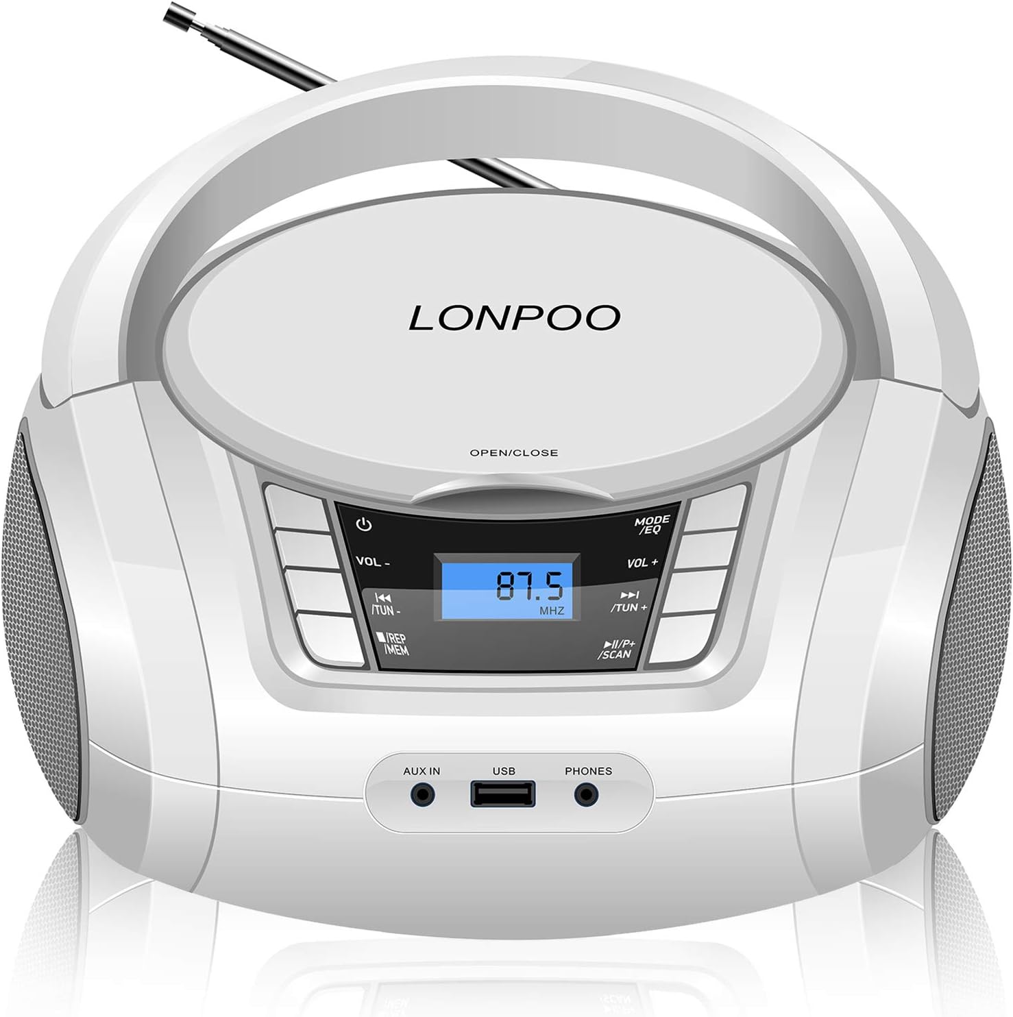 CD Player Boombox, LONPOO Portable Bluetooth FM Radio Stereo Sound System with Crystal-Clear Sound, MP3 Playback, USB Port, AUX Input, Headphone Jack, LCD Display, AC/DC Operated Pack of 2