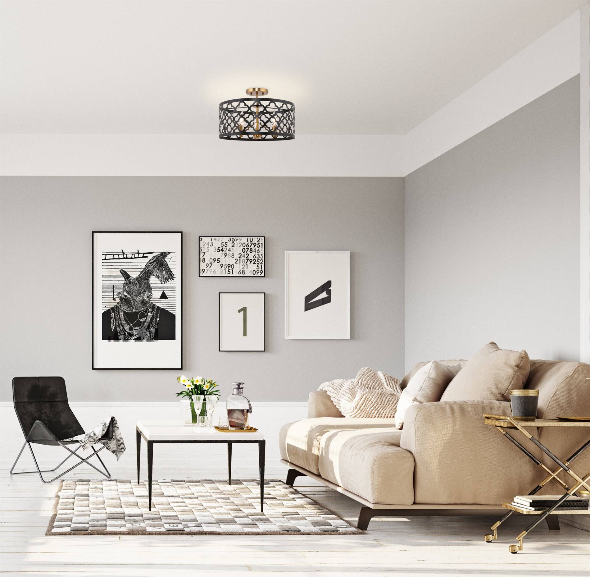 Kira Home Sutton 16x22 3-Light Modern Semi-Flush Mount Ceiling Light, Metal Drum Shade, Warm Brass + Black Finish