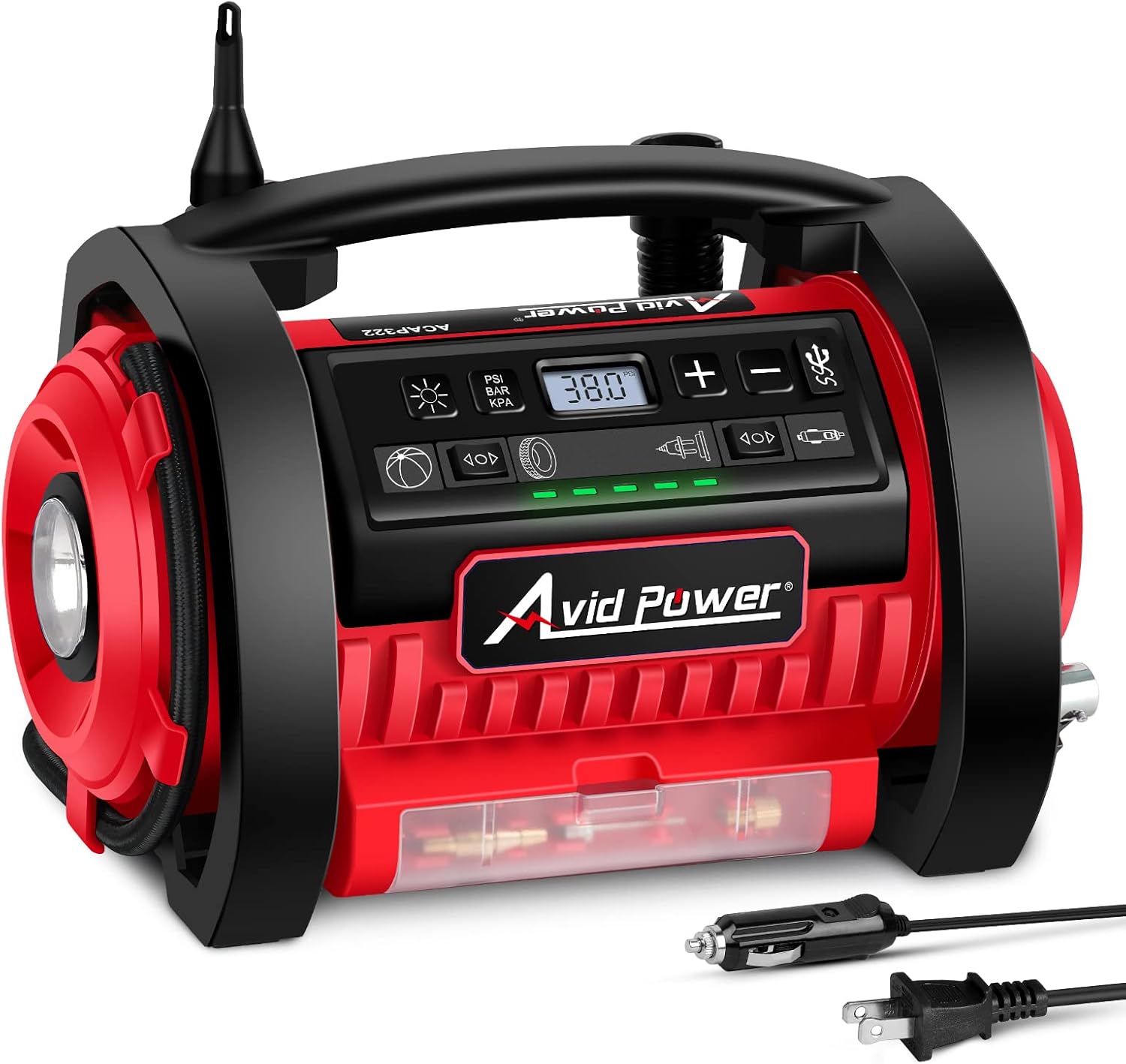 Avid Power Tire Inflator Air Compressor, 12V DC / 110V AC Dual Power Tire Pump with Inflation and Deflation Modes, Dual Powerful Motors, Digital Pressure Gauge