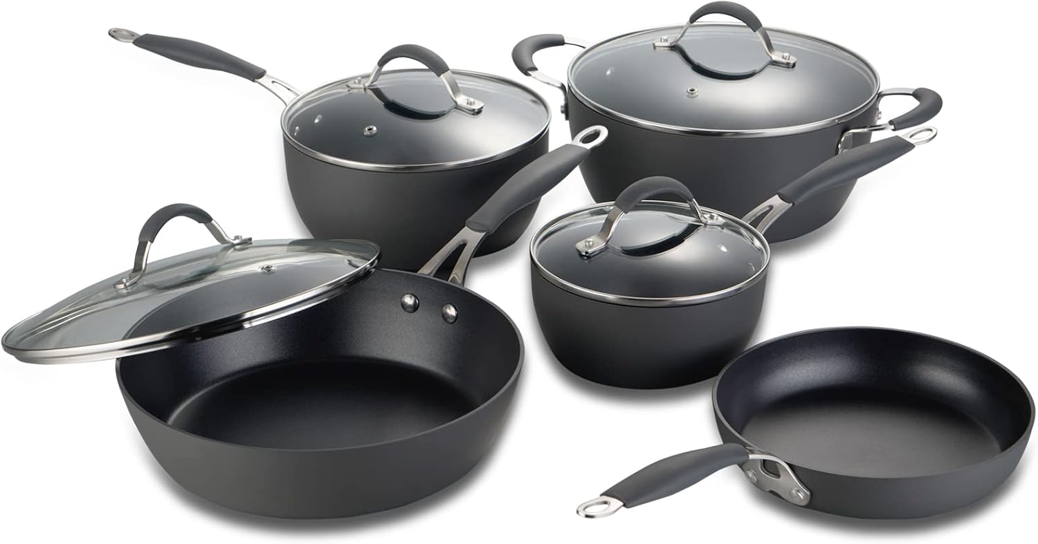 SAPHALTON Nonstick Pots and Pans Set, 9-Piece Hard Anodized Cookware Set, Dishwasher Safe, Black