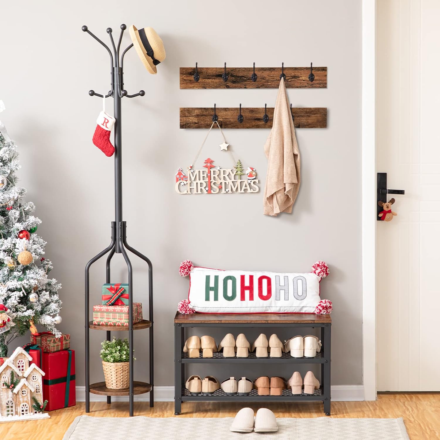 HOOBRO Coat Rack Shoe Bench Set, Entryway Shoe Bench with Coat Hooks, Industrial Shoe Storage Organizer, Multifunctional, Sturdy Steel Frame, Rustic Brown and Black BF17MT01