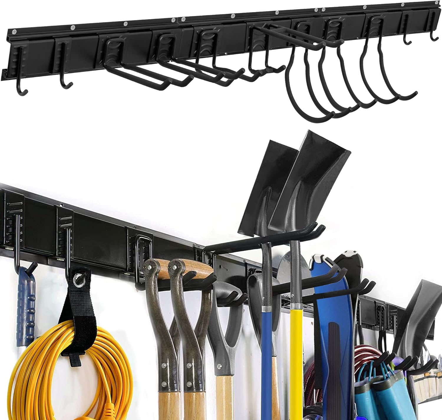WMK Garage Tool Organizer Wall Mount, 14 PCS Tool Storage Rack with 11 Adjustable Heavy Duty Storage Hooks, Aluminum Garden Tool Storage Racks 48 Inch, Hold Up to 850lbs Pack of 2