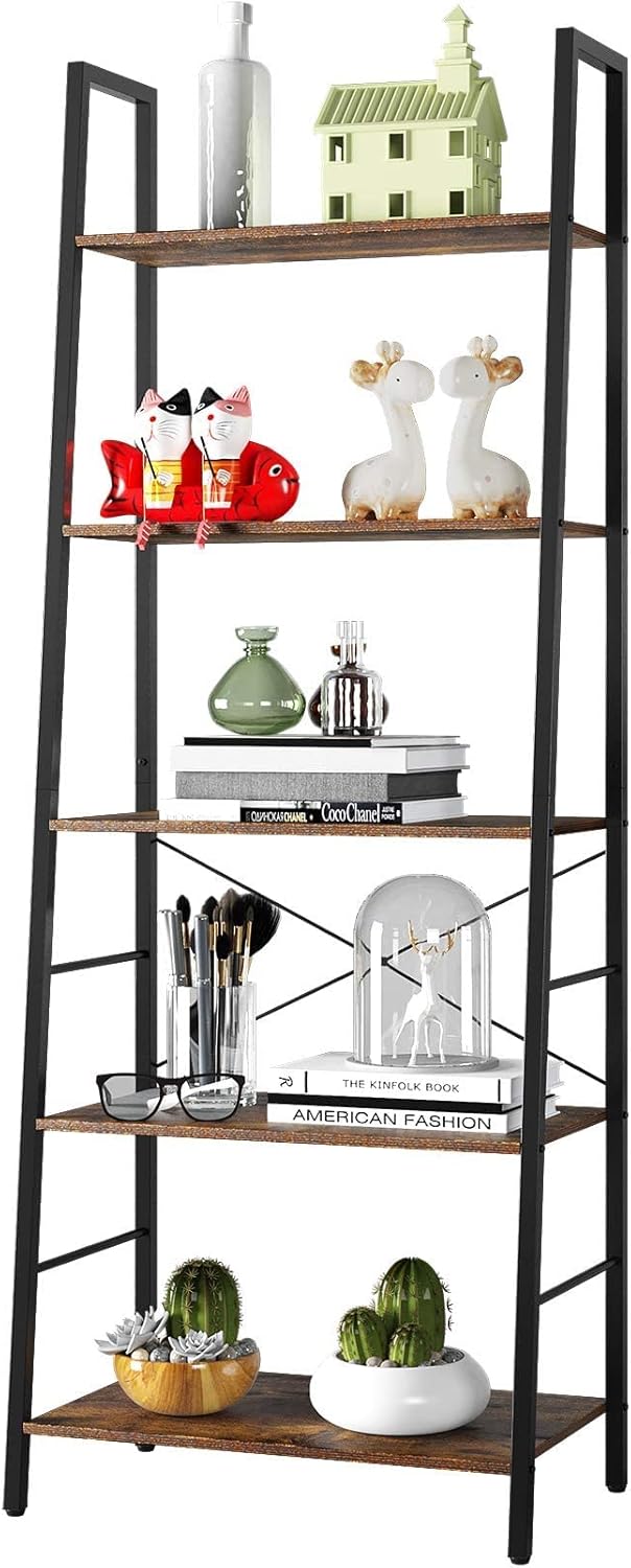 Gadroad Ladder Shelf, Industrial 4-Tier Ladder Bookshelf, Free Standing Storage Rack Shelf, with Metal Frame, Utility Organizer Shelves for Home Office Kitchen, Grey Oak