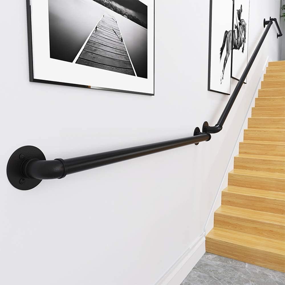 KaBenGo Hand Railings for Stairs Metal Pipe Staircase Handrail Wall Mount Decoration Rail for Outdoor & Indoor Steps Baluster Complete Kit/Easy to Install Banister (Satin Black) (3ft), 3 Feet