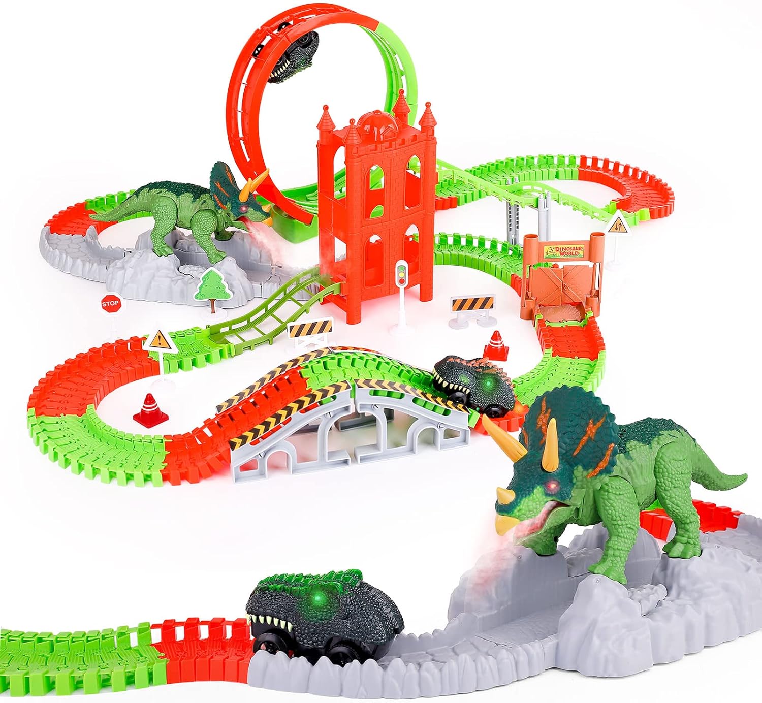 Dinosaur Toys Race Track, 221PCS Flexible Train Track Playset with 2 Dinosaur Cars, 1 Bridge & 360 Degree Ferris wheel, Create A Dinosaur World Road Race, Gifts for 3 4 5 6 7 Years Old Boys Girls Kids