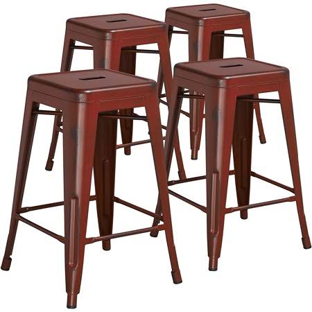 Flash Furniture Commercial Grade 4 Pack 24 inch High Backless Distressed Kelly Red Metal Indoor-Outdoor Counter Height Stool, Si