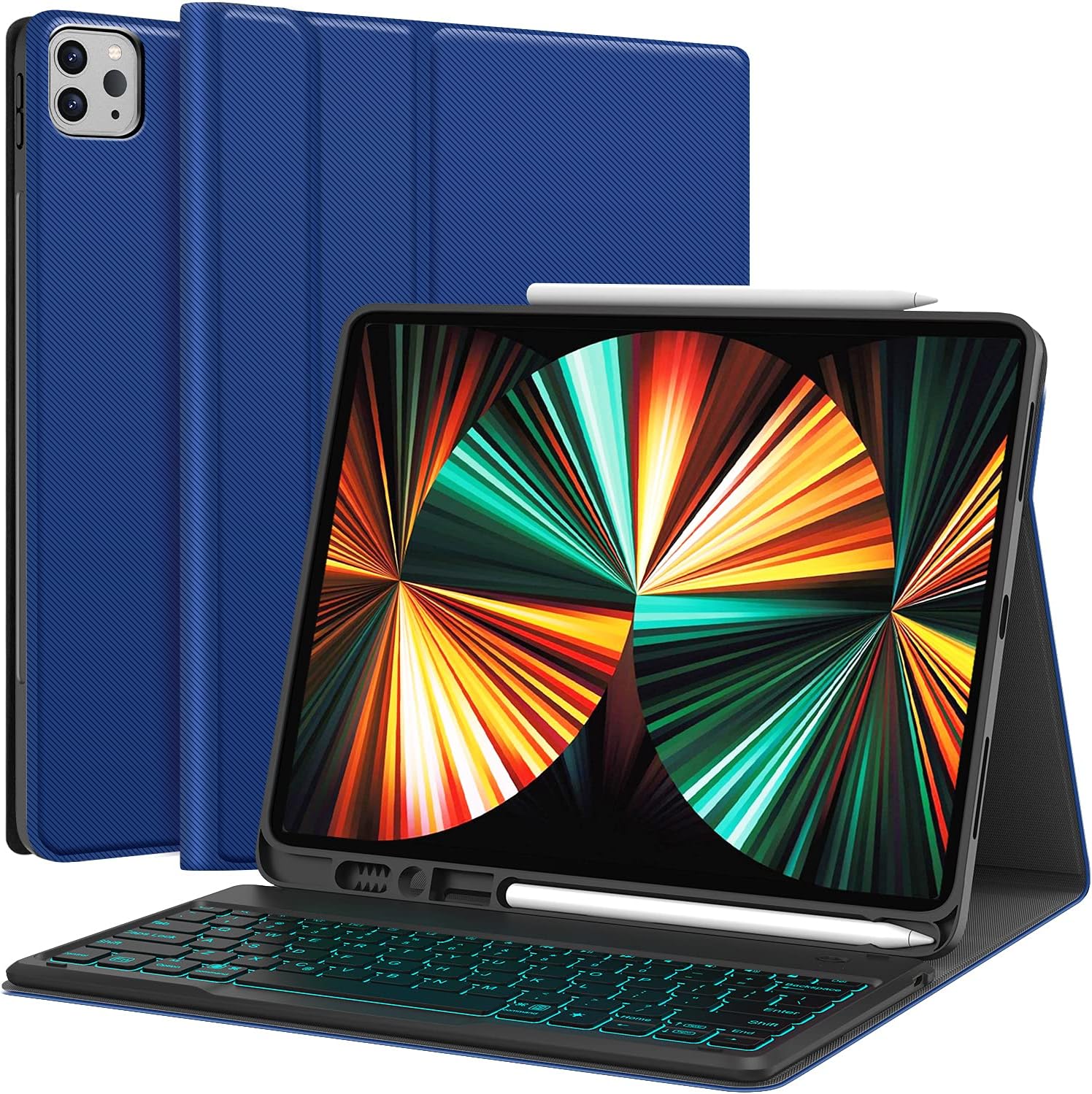 CHESONA iPad Pro 12.9 Case with Keyboard, Compatible for iPad Pro 12.9-inch 2021 5th/4th/3rd Gen, Trackpad Keyboard with DIY 7 Color Backlit, Wireless Detachable Keyboard with Pencil Holder, Black