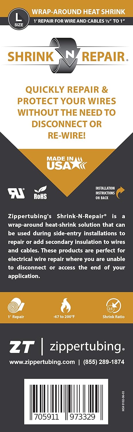 Shrink-N-Repair (L) - Wrap Around Heat Shrink (Black) for Large Wire Diameters 0.5