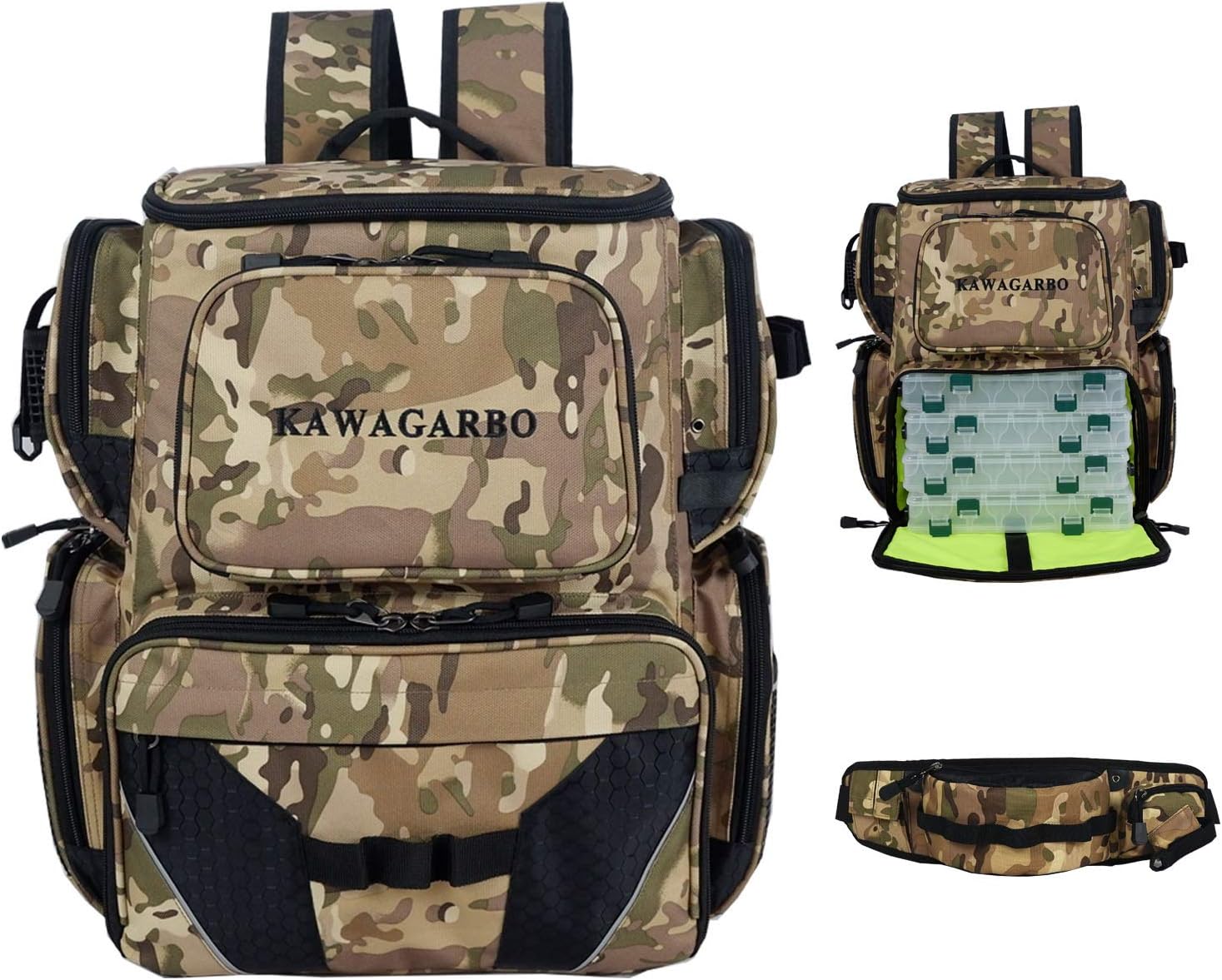 PAPAZAU Fishing Tackle Backpack with Waist Pack Large Waterproof Tackle Bag with Protective Rain Cover Without Tackle Box