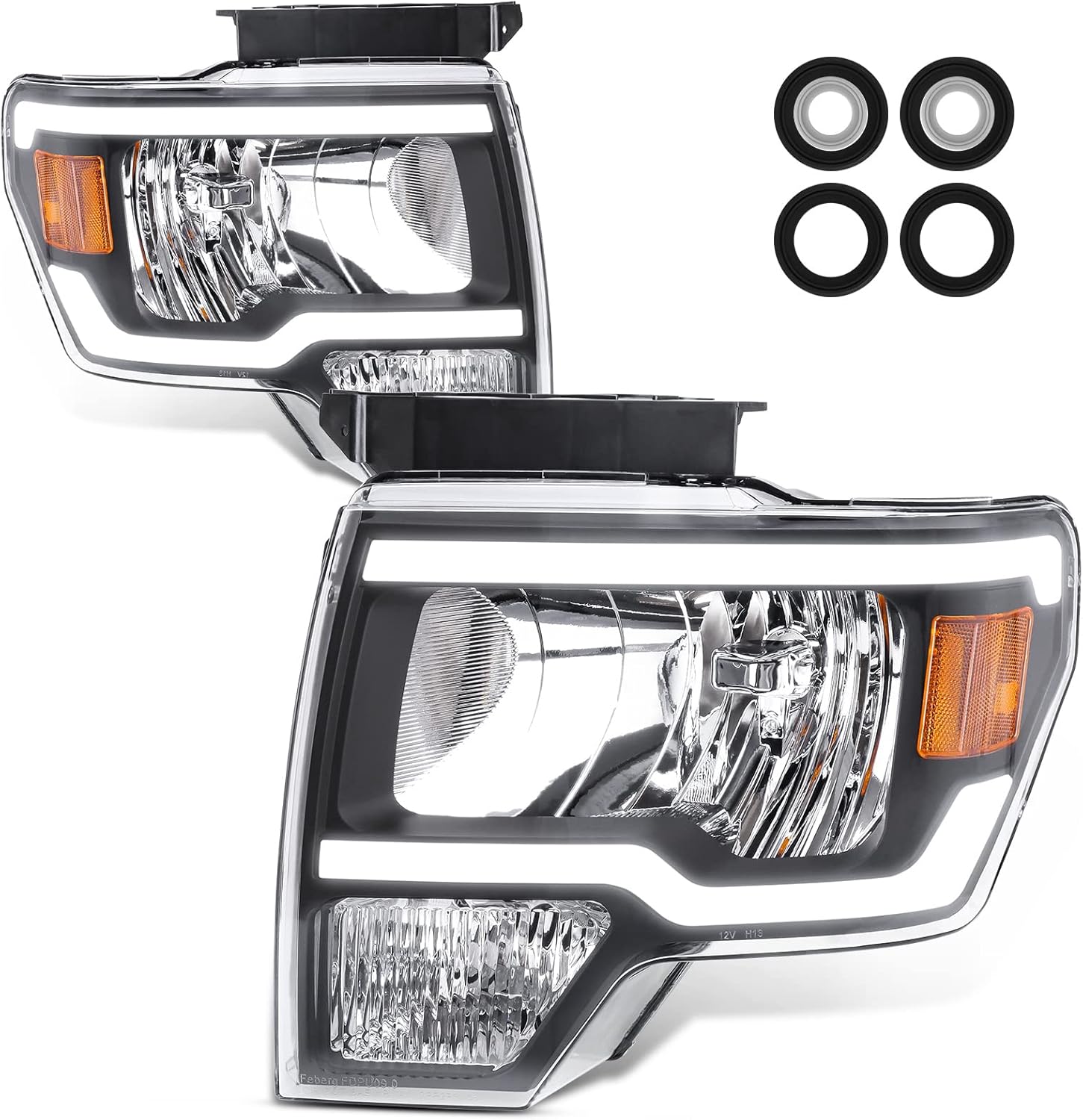 POLLY WALES Headlights Assembly Compatible with 2009-2014 Ford F150 Black Housing Clear Lens Amber Reflector (with Ultra Bright Led DRL)