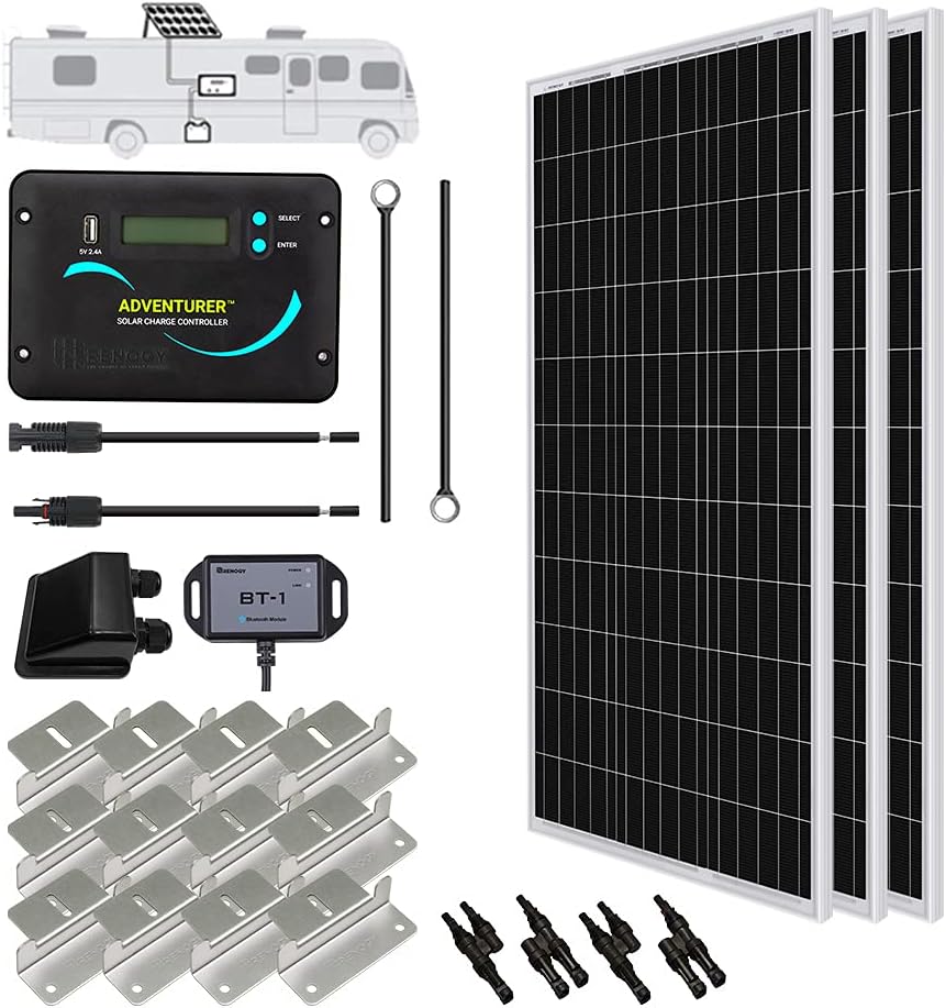 Renogy 300 Watts 12 Volts Monocrystalline Solar RV Kit with 30A PWM LCD Charge Controller/Solar Panel Connectors/Tray Cable/Corner Bracket Mount/Cable Entry housing for RV, Boat