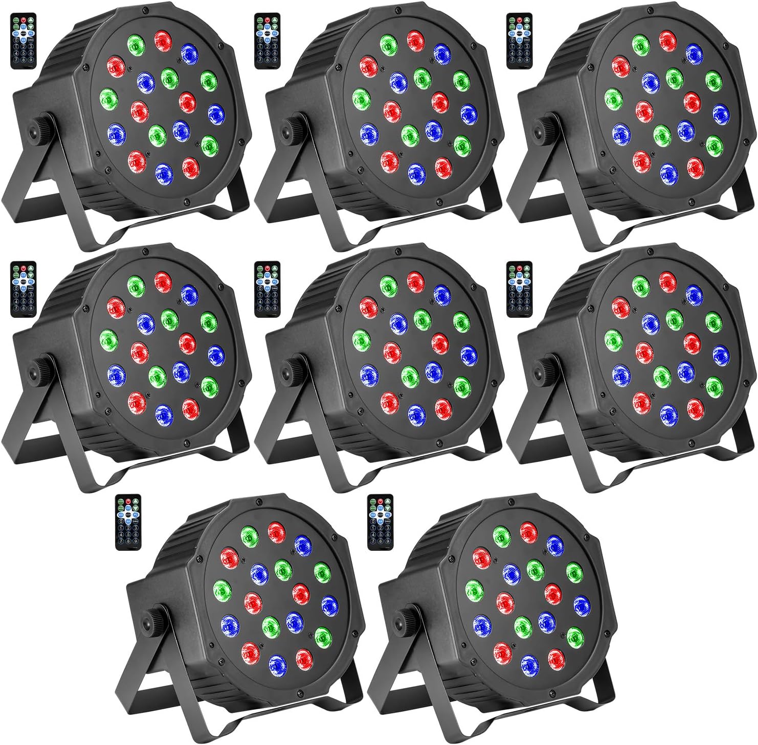 DJ Lights, BSYUN RGB 18 LEDs Professional Sound Activated Stage Lights DMX-512 Controllable Uplighting for Wedding Party with Remote (8P)