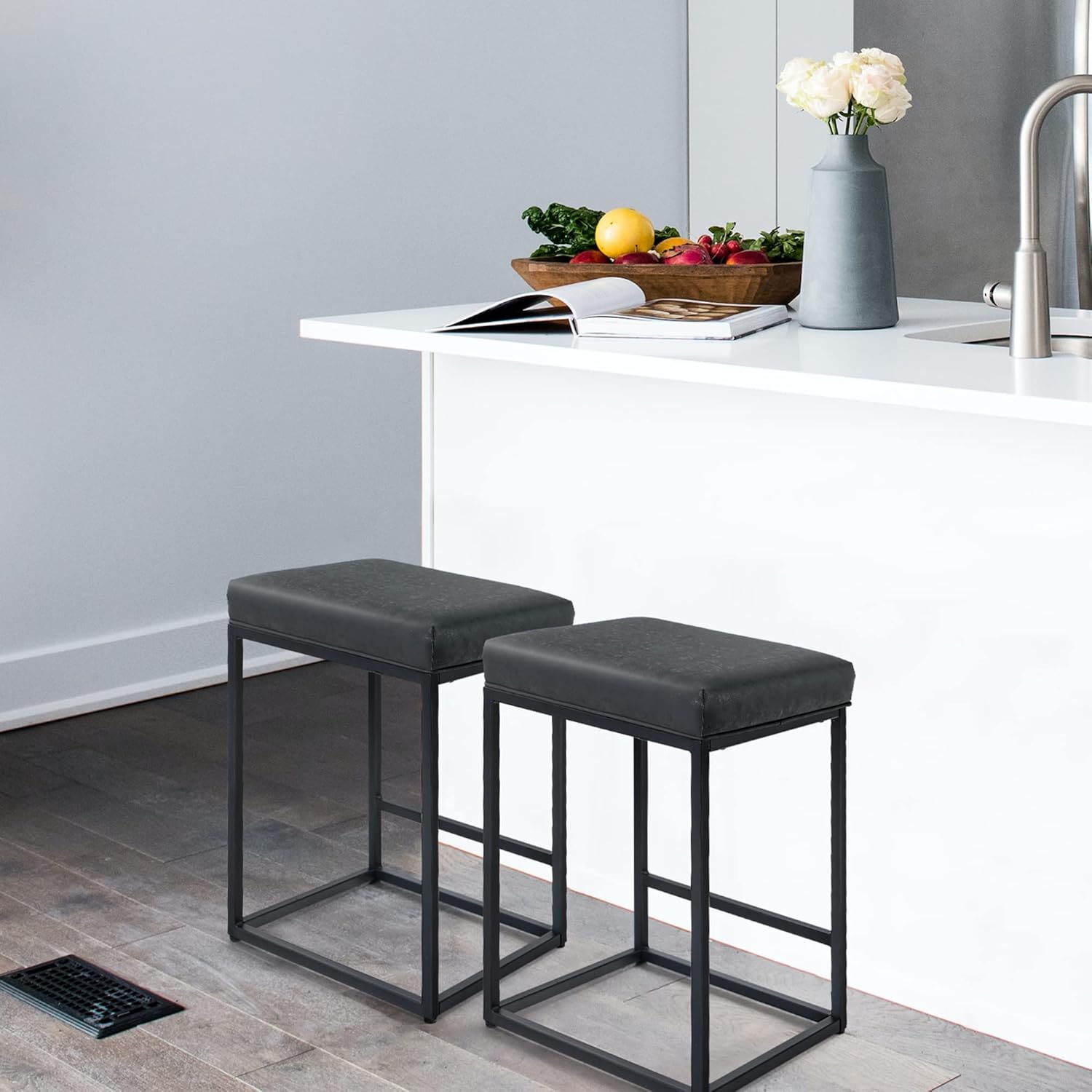 PHI VILLA Bar Stools Set of 2,24 Inches Square Leather Counter Height Bar Stools Without Back for Kitchen,Dining Room and Living Room,Modern Designed Bar Stools Furniture Decorates Every Room,Brown