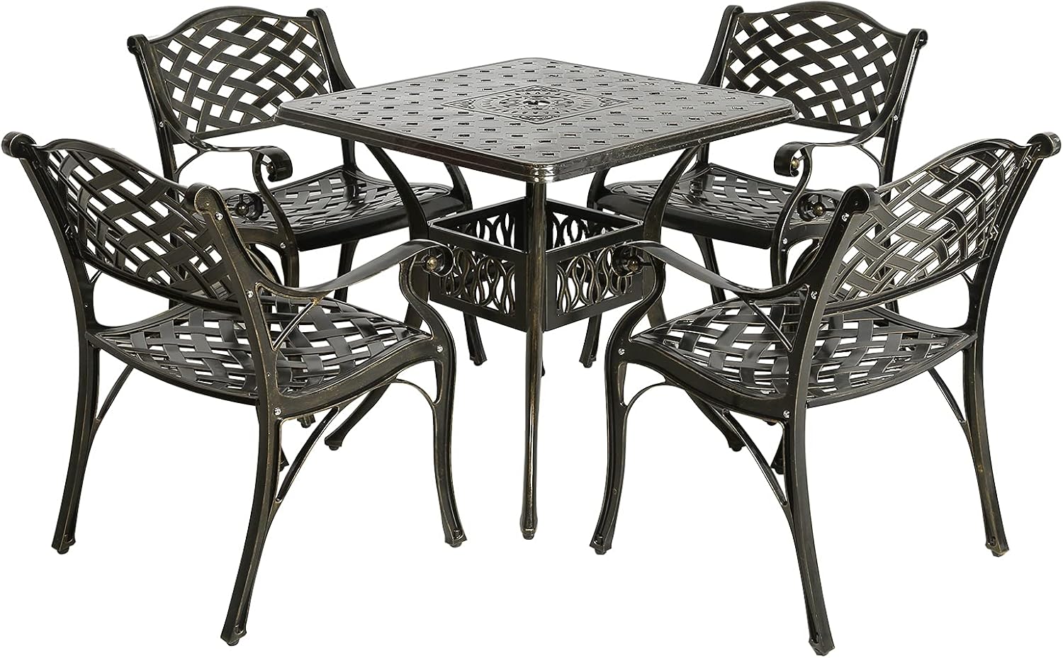 MEETWARM 5 Piece Patio Dining Set, Outdoor All-Weather Cast Aluminum Dining Table Set, Patio Furniture Set for Backyard Garden Deck, Include 4 Chairs and 1 Round Table with Umbrella Hole