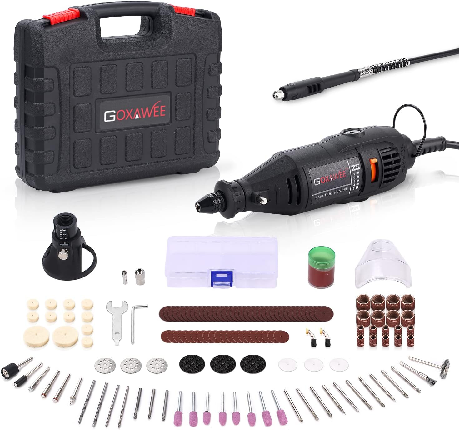 GOXAWEE Rotary Tool Kit with MultiPro Keyless Chuck and Flex Shaft - 140pcs Accessories Variable Speed Electric Drill Set for Handmade Crafting Projects and DIY Creations