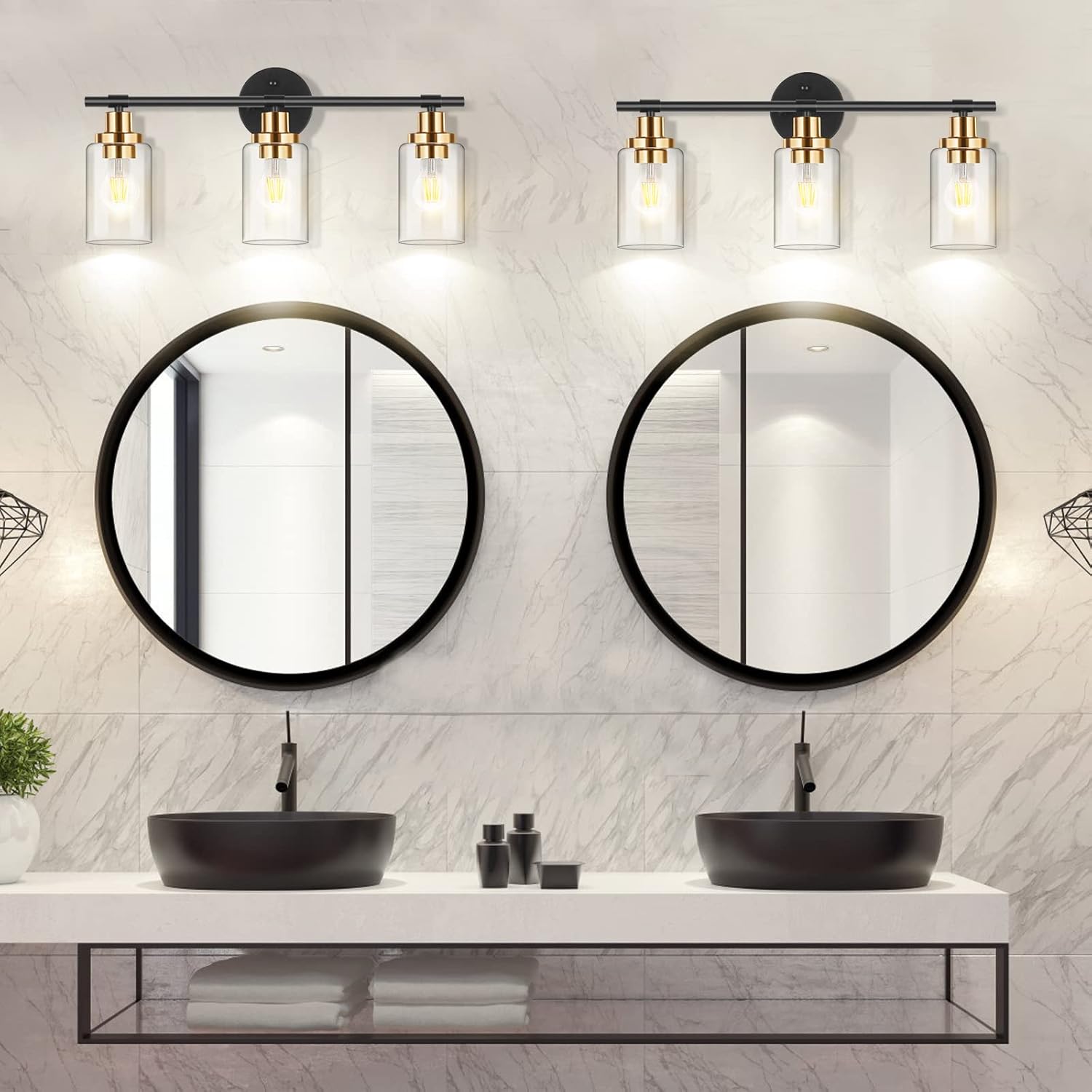 Bathroom Light Fixtures,Afootry 3-Light Black and Gold Vanity Lights Modern Metal Wall Sconces Lighting Fixtures with Clear Glass Shade,Wall Lamp for Mirror Porch Kitchen Bedroom Living Room