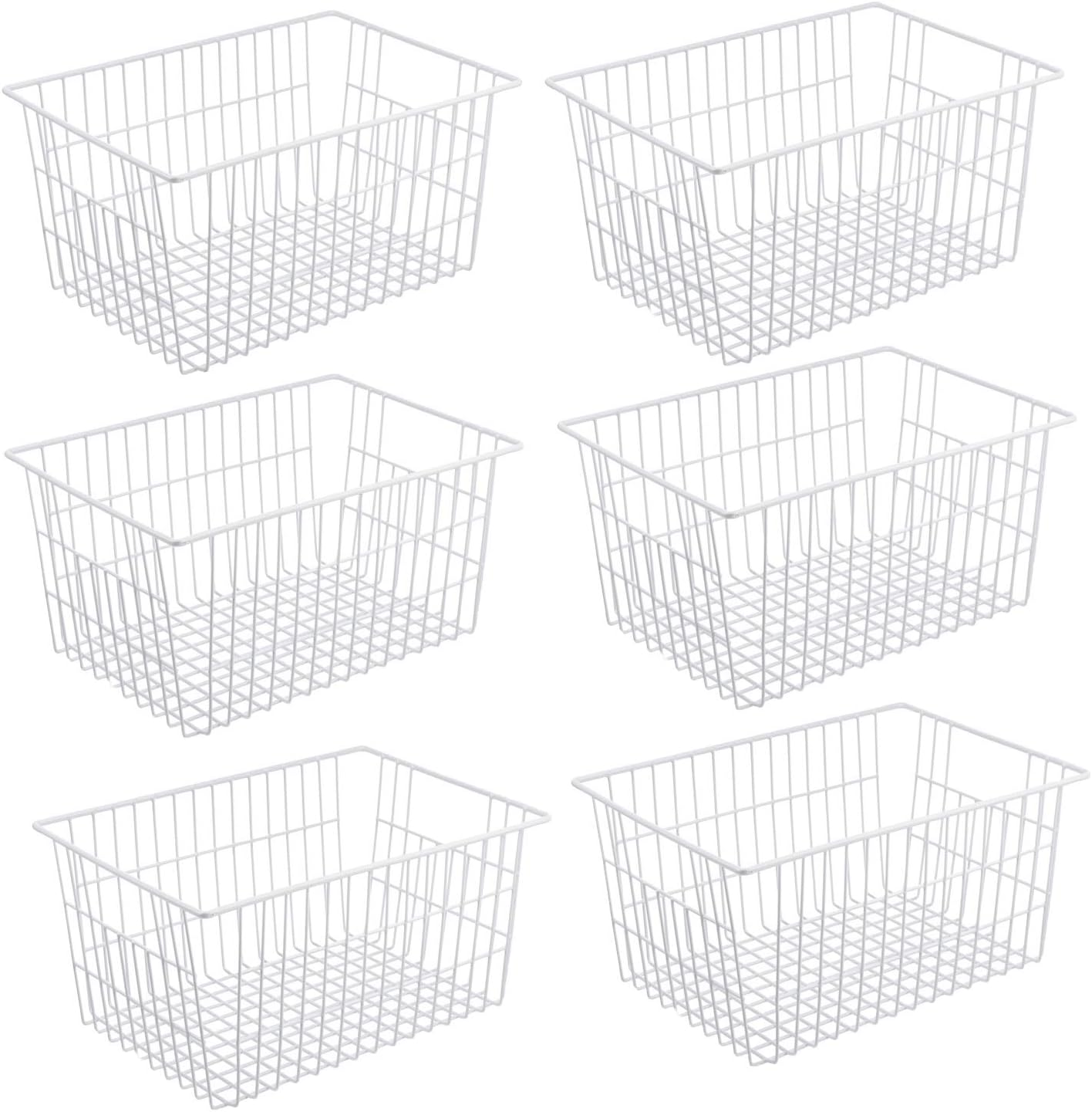 iPEGTOP Metal Wire Stroage Baskets, Large Freezer Refrigerator Organizer Bins, Home Office Shelf Freezer Storage, Closets Organization Rack with Handles, Set of 6, White Pack of 2