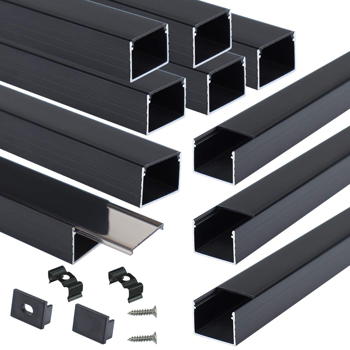 Muzata 10Pack 3.3FT/1M Black LED Aluminum Channel U Shape with Smoky Transparent Led Strip Cover 18x13mm Wide Aluminum Profile Track for Waterproof LED Light Strip U103 1M BB, LP1 LU2