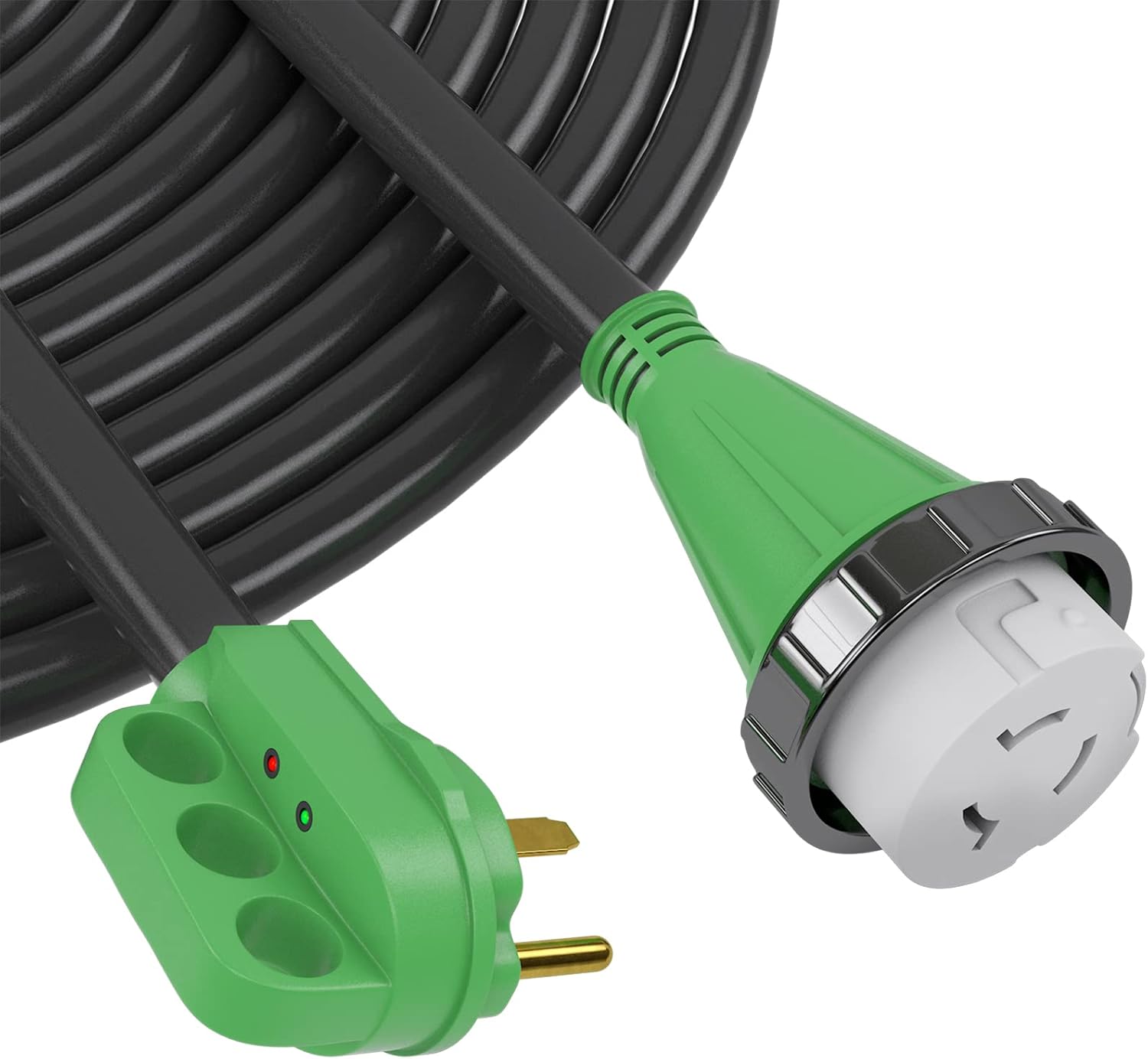 RV Detachable Power Cord 50A 50FT with Polarity LED Indicator, 14-50P Male to SS2-50R Locking Female, Come with Storage Bag and Plastic Strap, Suit for RV, Trailer, Campers