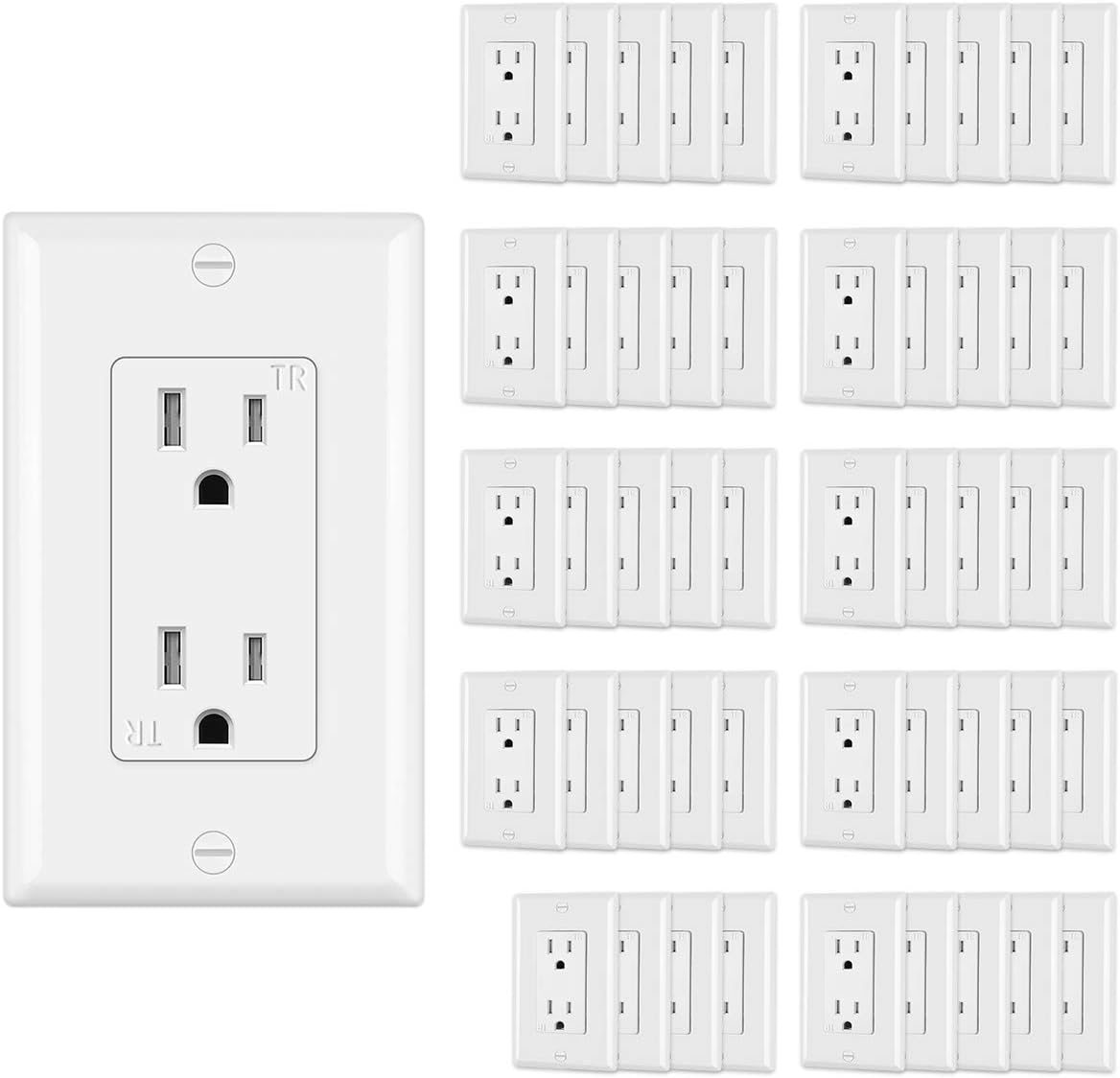 (50 Pack) CML Decor Recetpacle Outlet, Tamper Resistant, 15A/125V, 3-Year Warranty, UL Listed, White