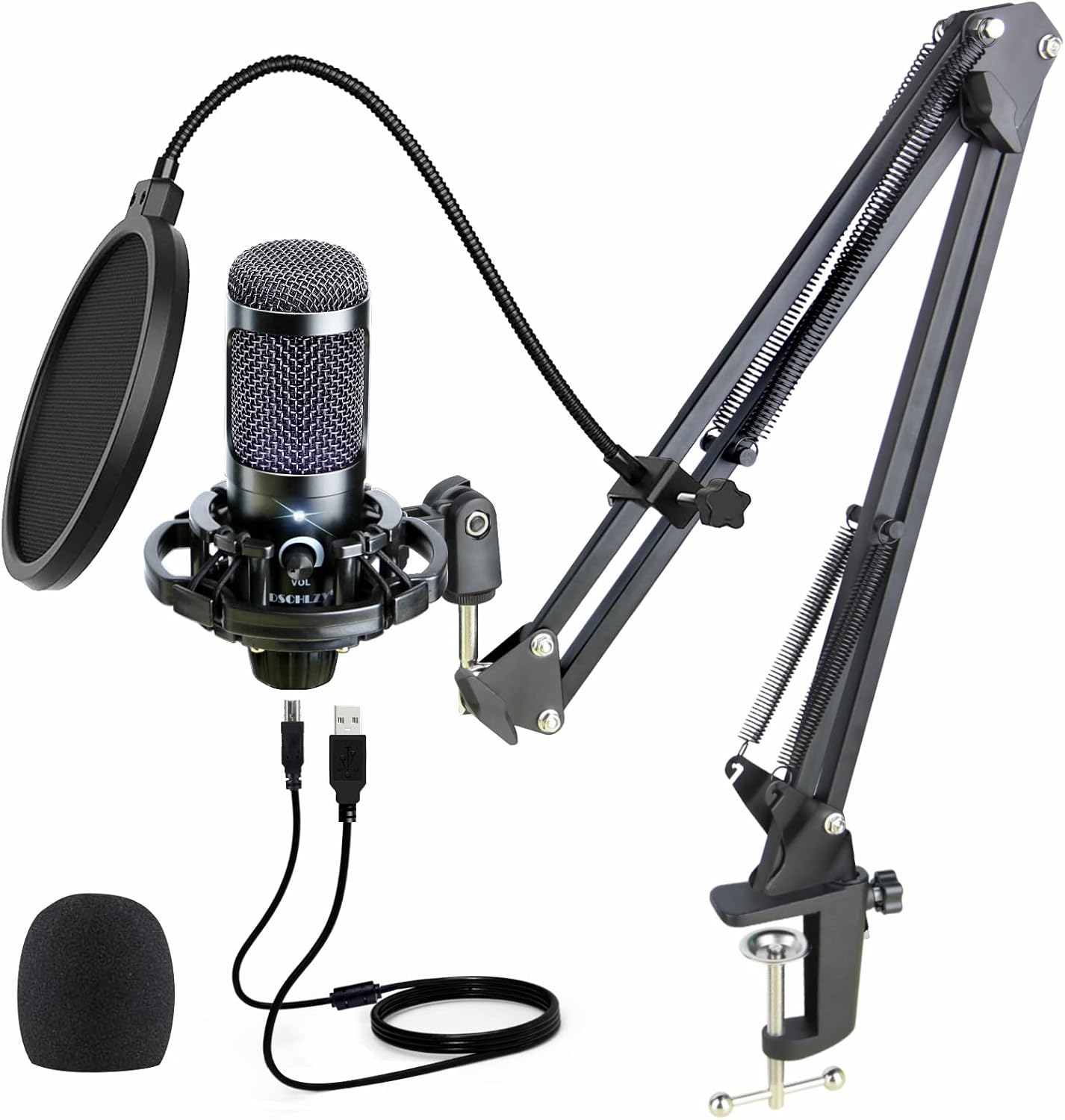 USB Condenser Podcast Recording Microphone: Mic Studio Singing Cardioid Boom Arm Pop Filter Kit for Streaming YouTube Gaming Voice PC Pack of 2