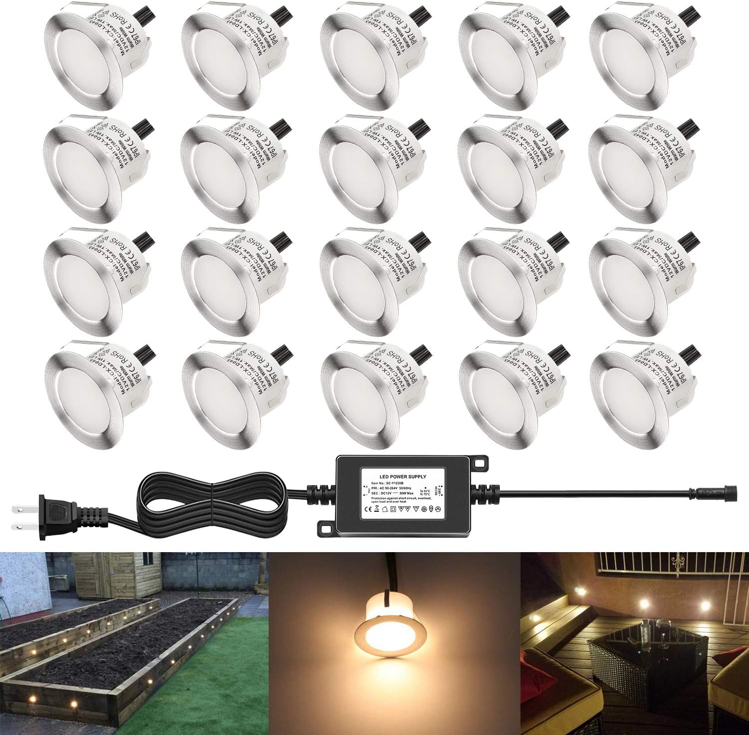 CHNXU 10 Pack LED Deck Lighting Kit with Transformer, Warm White IP67 Waterproof &Phi;1.77